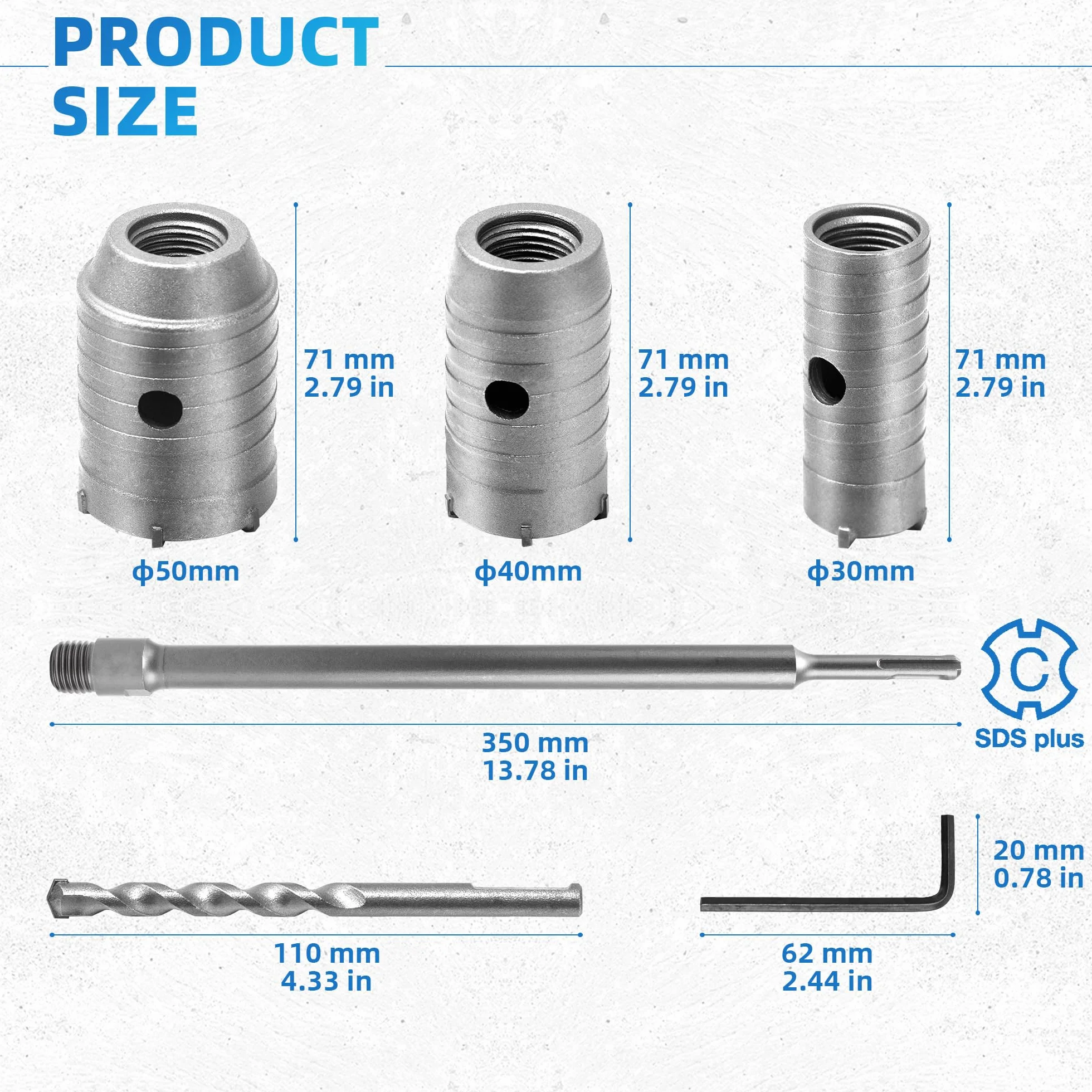 Otwornica do Betonu Wiertło Wiertnicze do Muru Wiertło Rdzeniowe Koronka 30 mm 40 mm 50 mm z Wiertłem Centrującym i Adapter Przedłużający SDS-Plus 350 mm do Płyt Gipsowo-Kartonowych Cegła Kamień