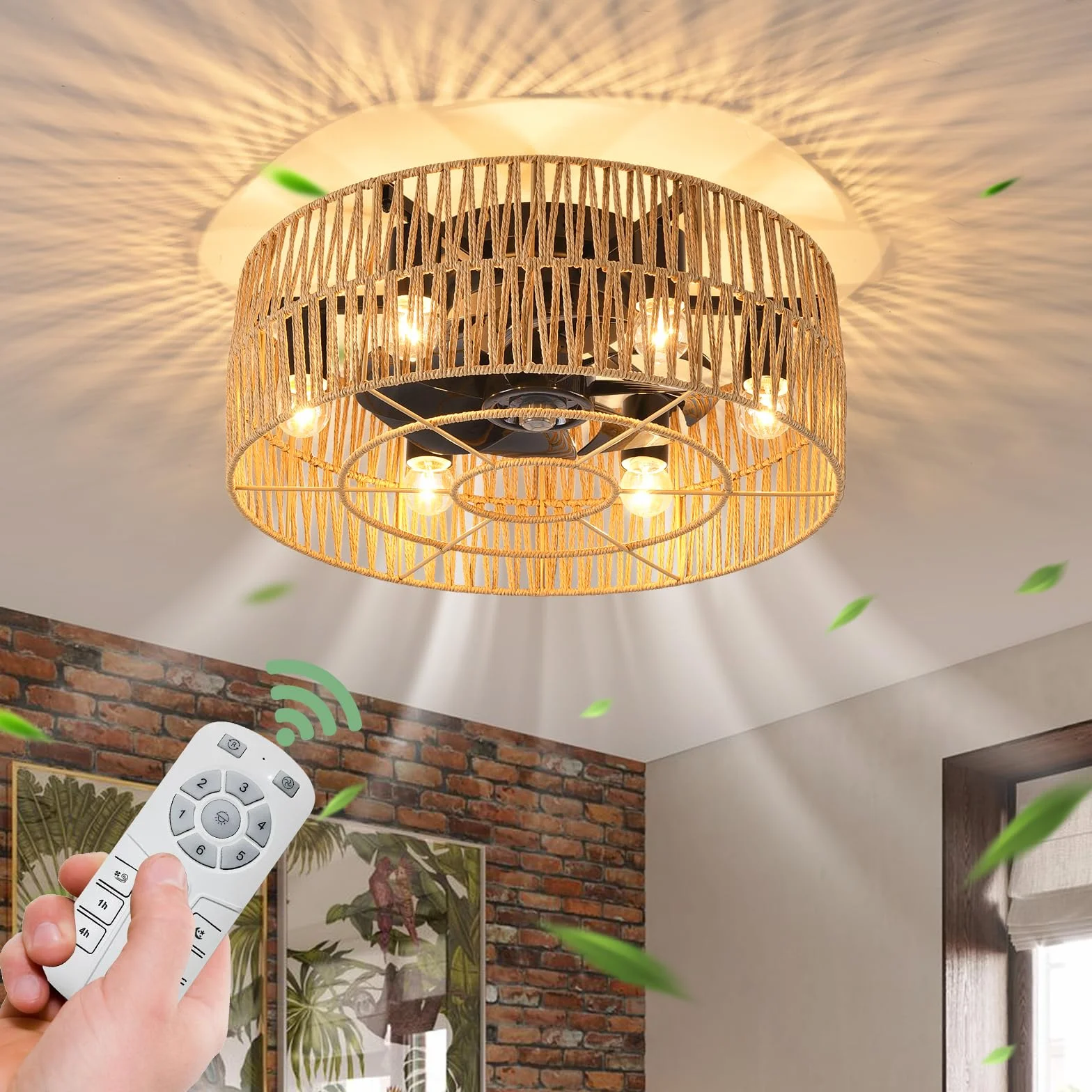 Ganeed Wentylatory sufitowe z oświetleniem Wentylator sufitowy w stylu industrialnym 48cm Boho Rattan Lampa w klatce E27 podtynkowa z pilotem 6 świateł czarny