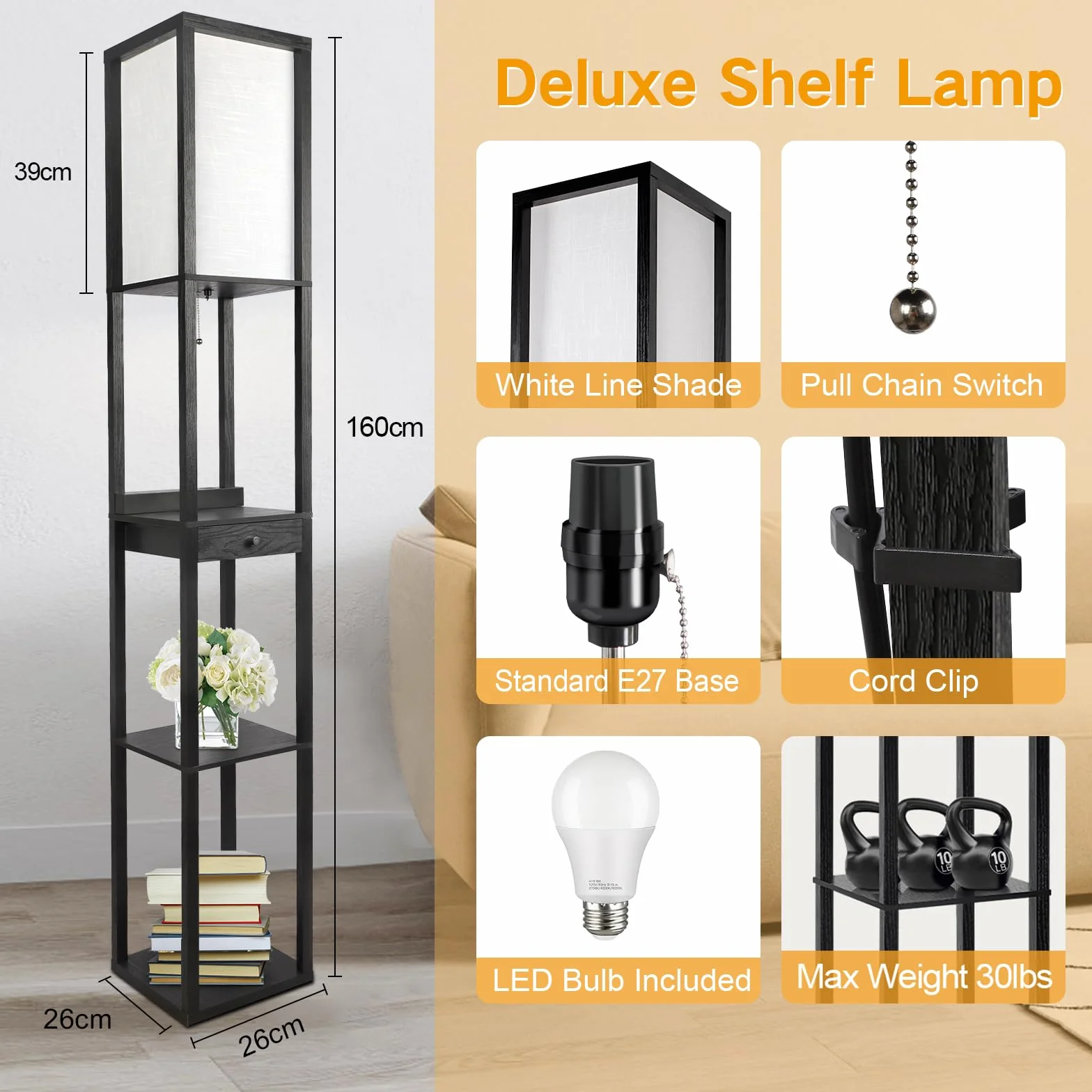 OUTON Lampa stojąca LED z szufladą, 3 temperatury barwowe, lampa stojąca z 2 portami USB, lampy stojące do salonu, sypialni, biura (czarna)