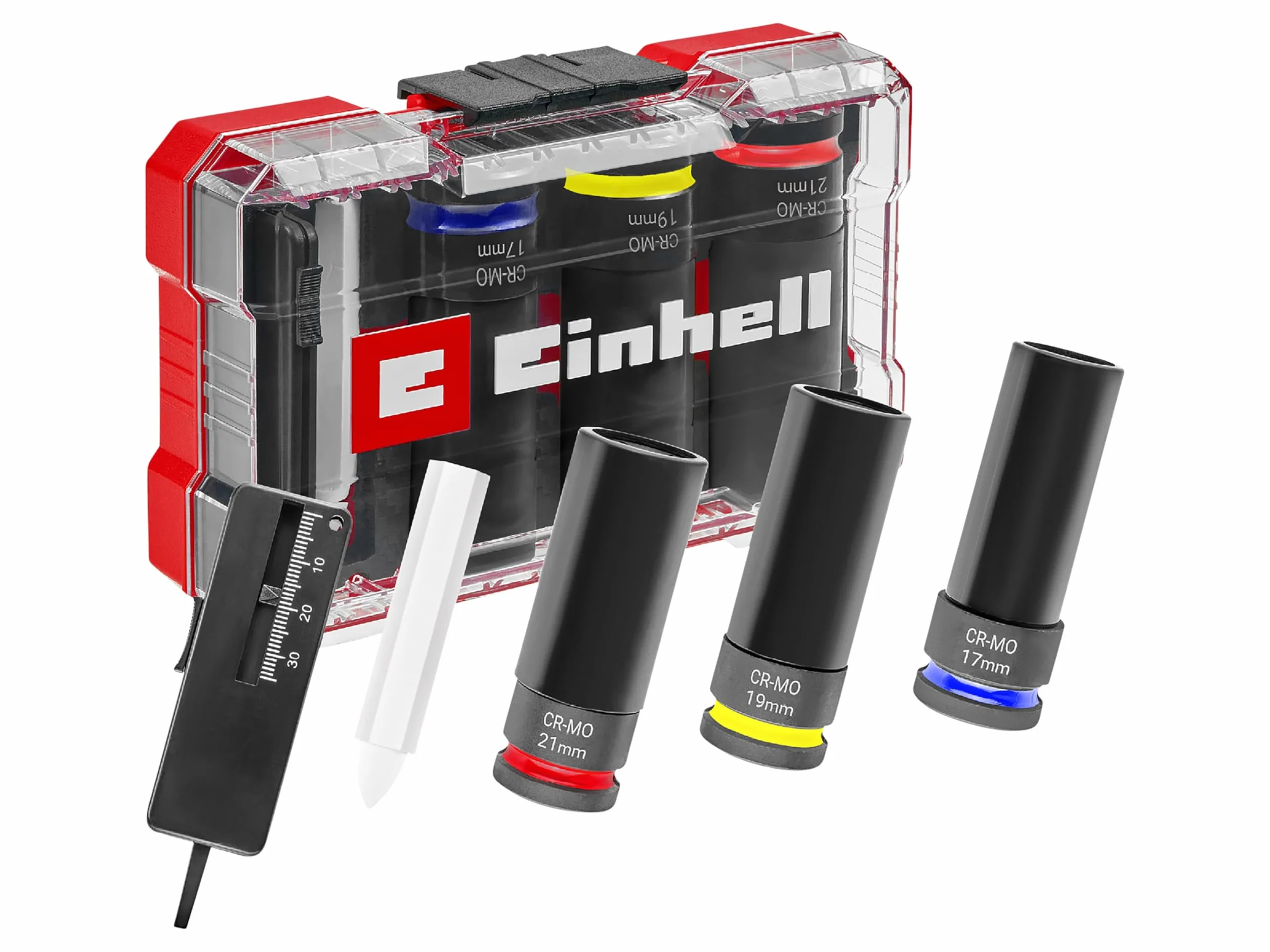 Oryginalny zestaw nasadek udarowych Einhell 5-częściowy (3 x 80 mm, stal CrMo, tuleja z tworzywa sztucznego, miernik głębokości bieżnika, kreda do opon, M-CASE, do felg aluminiowych)