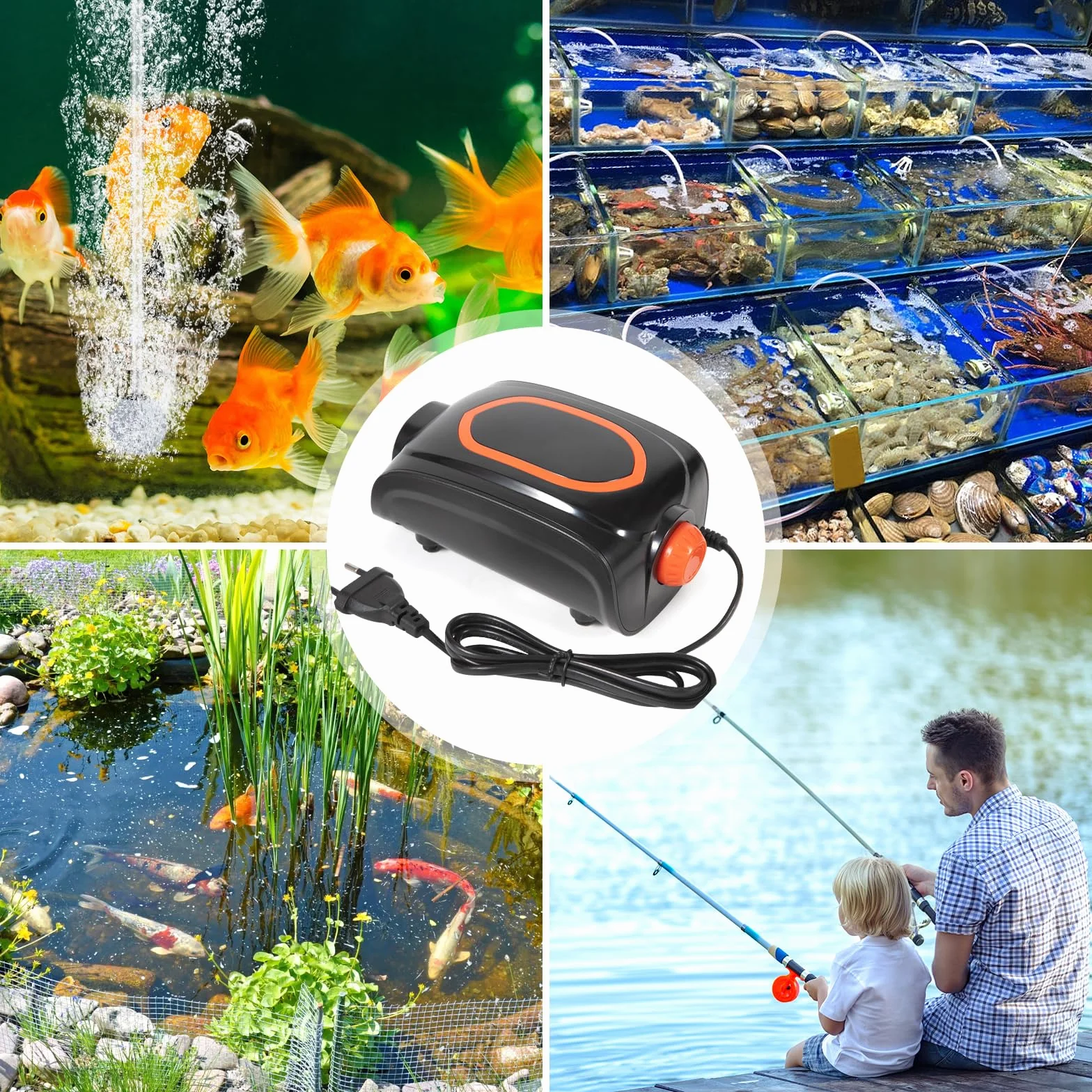 JAMATA Pompa powietrza do akwarium 4 W, regulowana, mini pompa powietrza z zaworem zwrotnym, cicha pompa tlenowa do akwarium < 45 dB, zestaw pompek powietrza do małych akwariów z wężem powietrza o