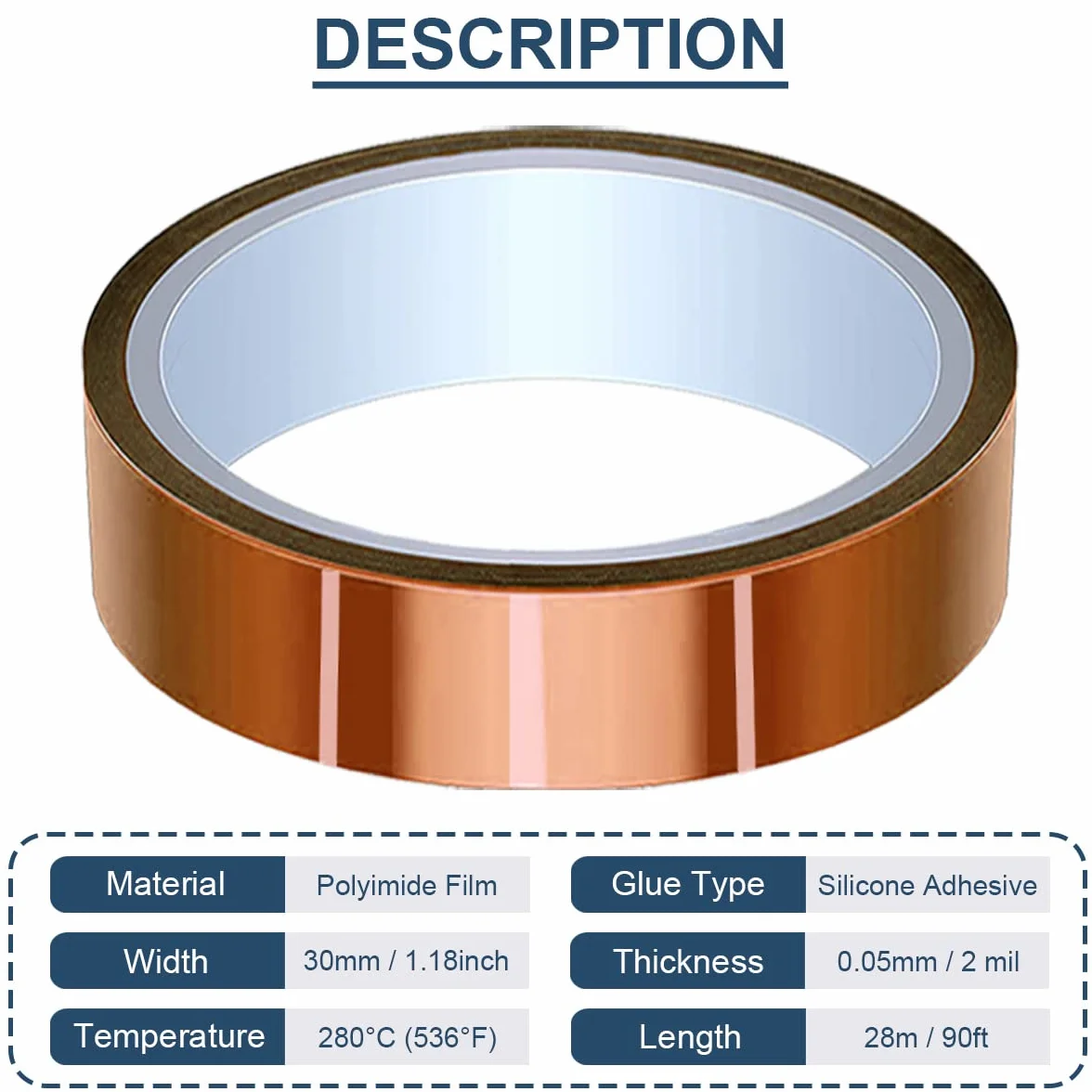 30 mm x 28 m (90 stóp) taśma wysokotemperaturowa taśma odporna na wysokie temperatury poliimidowa taśma termiczna taśma kapton do maskowania / lutowania / drukarki 3D / baterii