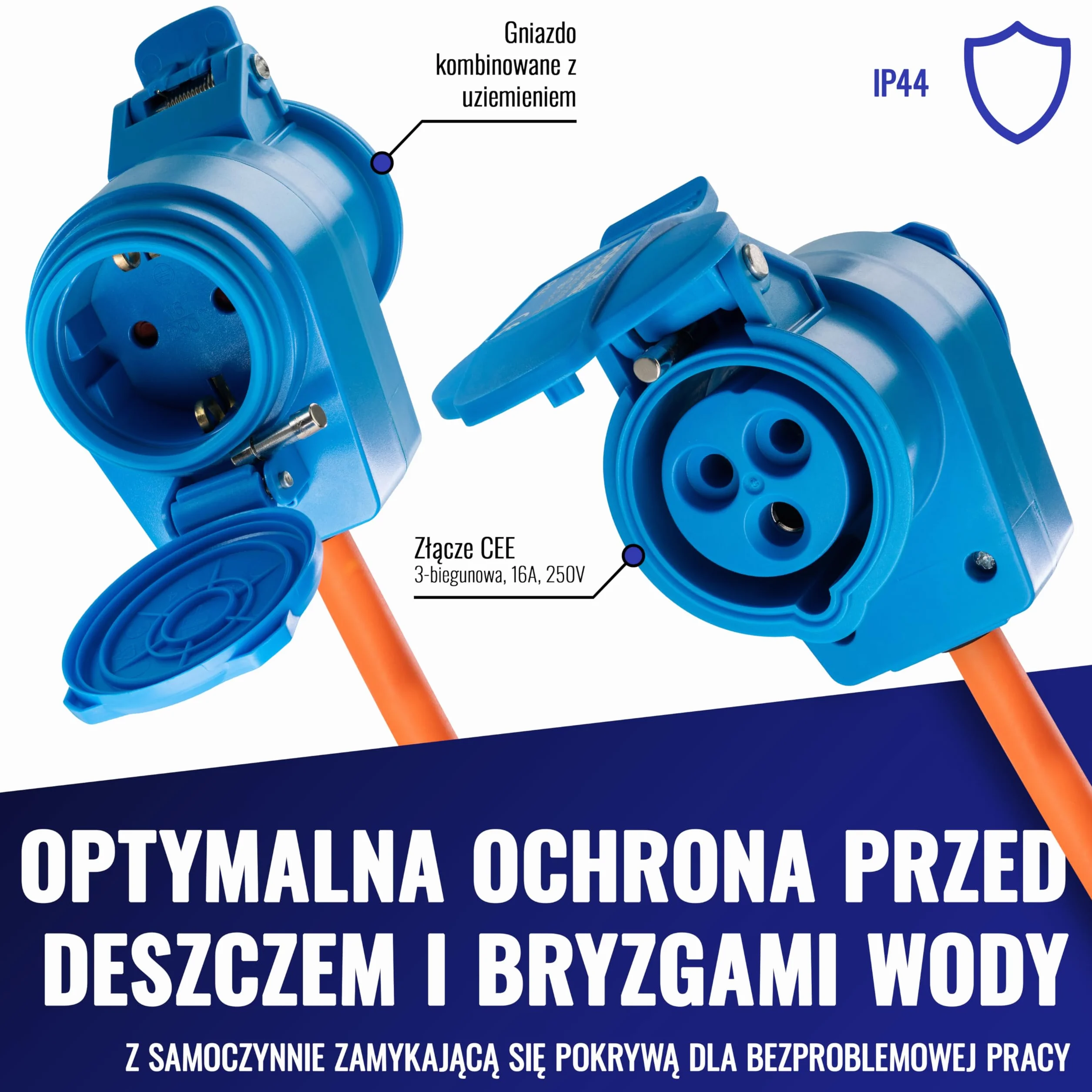 Poppstar kabel CEE 15m z wtyczką Schuko (wtyk CEE 3-biegunowy na gniazdo CEE + gniazdo typu F), 230V/16A, IP44, H07RN-F 3G2.5