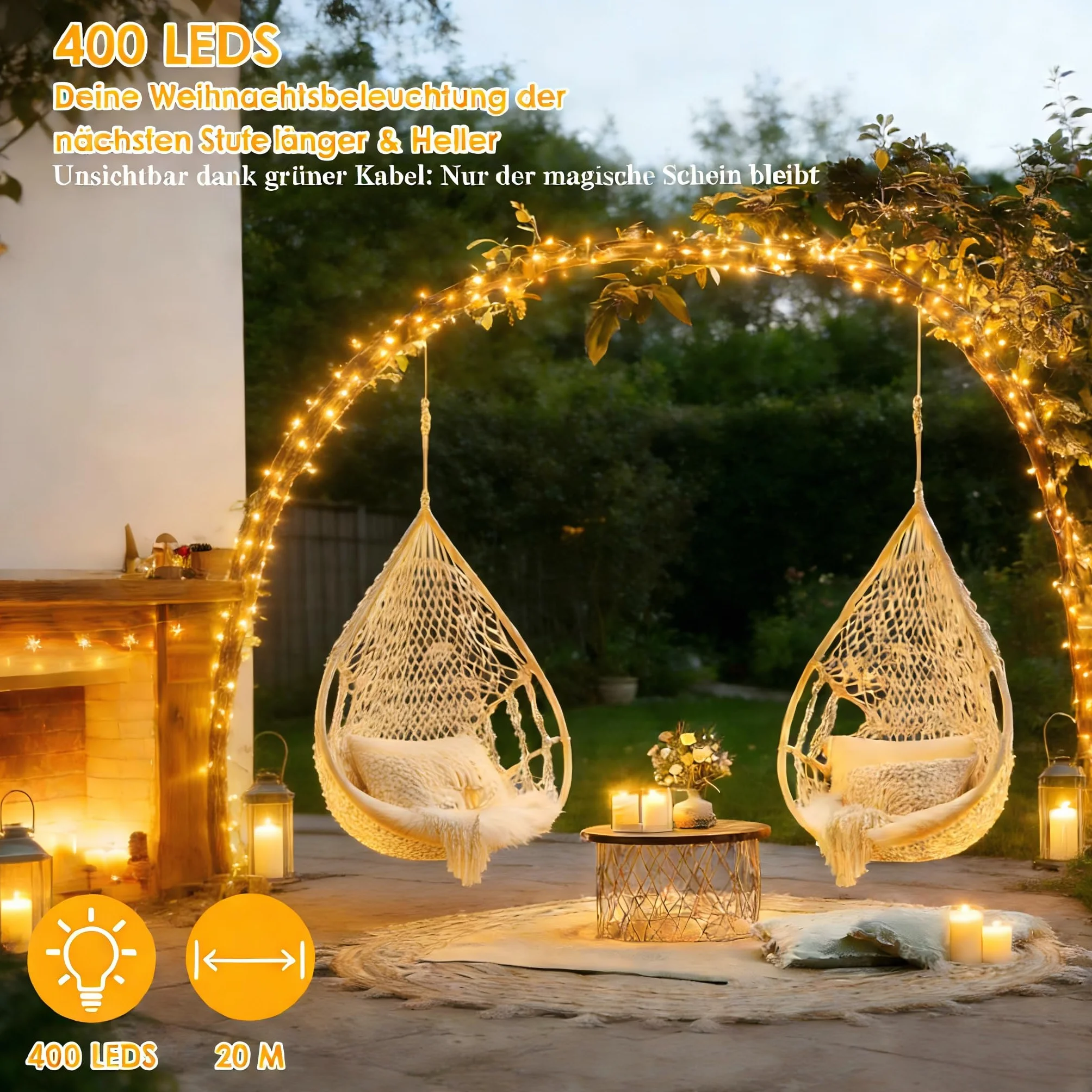 Lampki choinkowe LED 400 diod 20m, ciepłe białe, 8 trybów świecenia, pilot i timer 6h/18h, wodoodporne IP66, lampki Choinkowe Zewnętrzne i Wewnętrzne