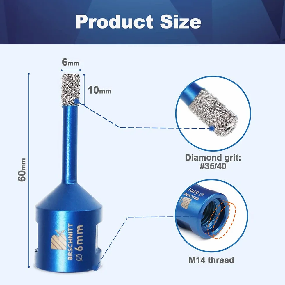 Wiertło diamentowe 6mm, BRSCHNITT 2 szt. M14 lutowane próżniowo diamentowe wiertło rdzeniowe Otwornica do płytek kamionkowych kamionkowych Ceramiczne marmurowe wiercenie granitowe, odpowiednie do szlifierek kątowych