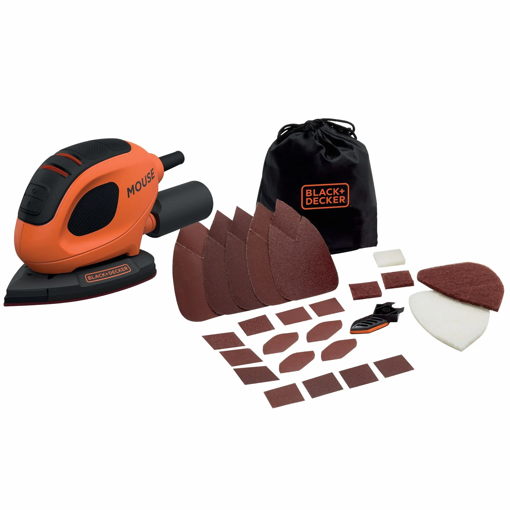 BLACK+DECKER Szlifierka szczegółowa Mysz 55 W, prędkość 11 000 obr./min, średnica orbity 1,5 mm, mocowanie papieru ściernego na rzep, w zestawie 10 akcesoriów i torba transportowa, BEW230BCA