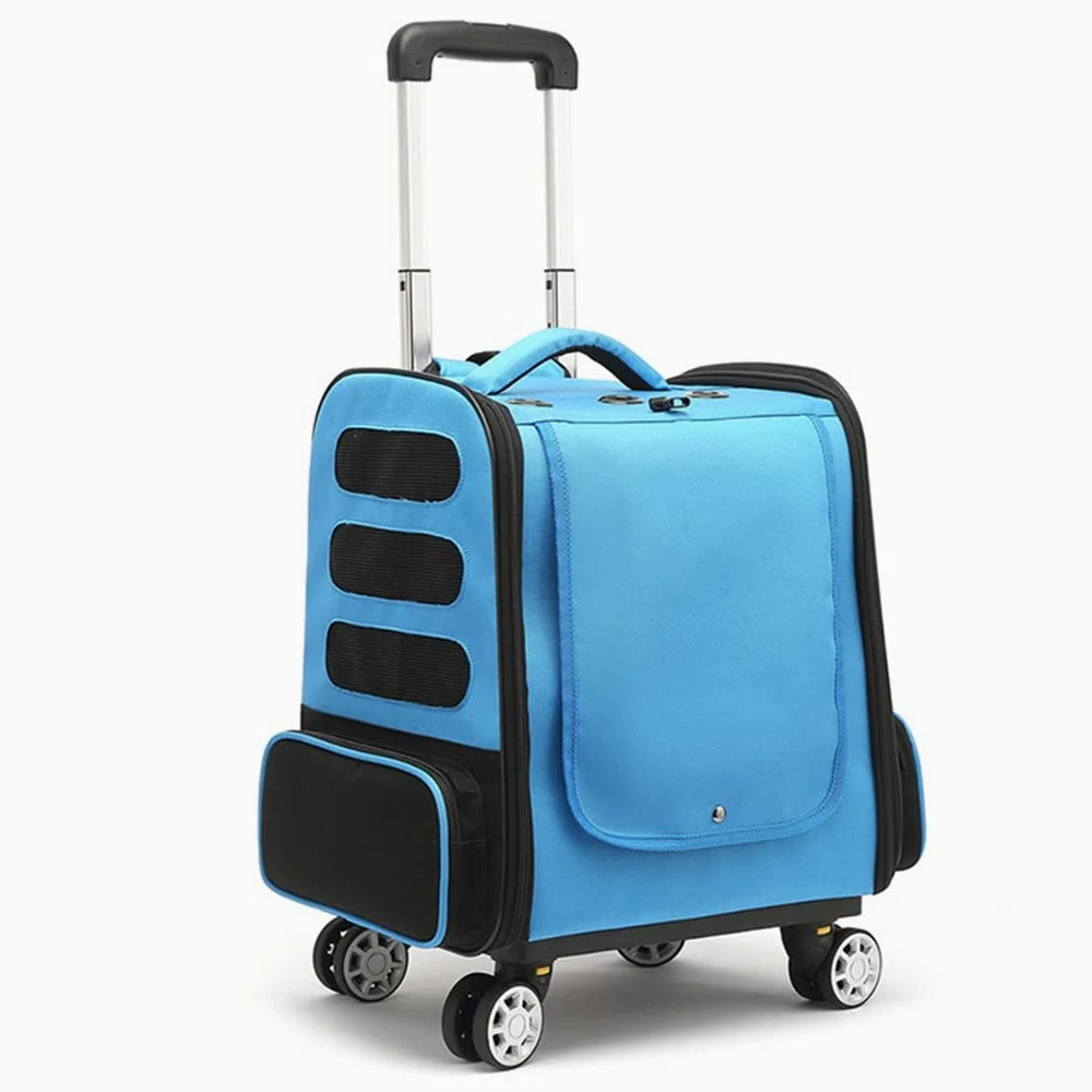 Składany wózek podróżny dla zwierząt, pojemnik do transportu psa, torba na klatkę dla kota z kieszenią (jasnoszary) (Blue)