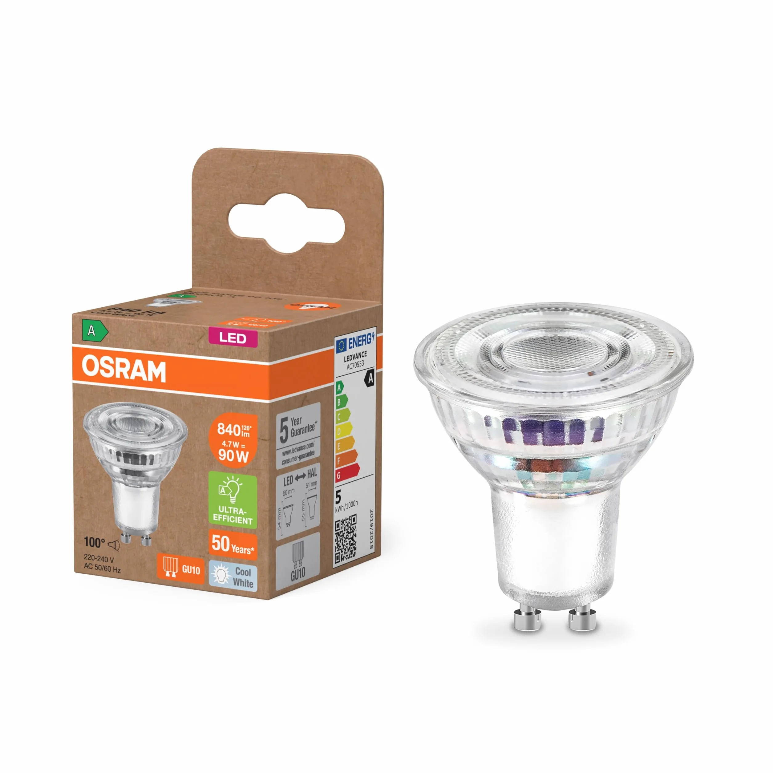 Reflektorowa lampa LED OSRAM klasy energetycznej PAR16 o mocy 4,7 W, 850 lm, barwie zimnej bieli (4000 K), wykonana ze szkła bezołowiowego z trzonkiem GU10, w klasie efektywności energetycznej A,