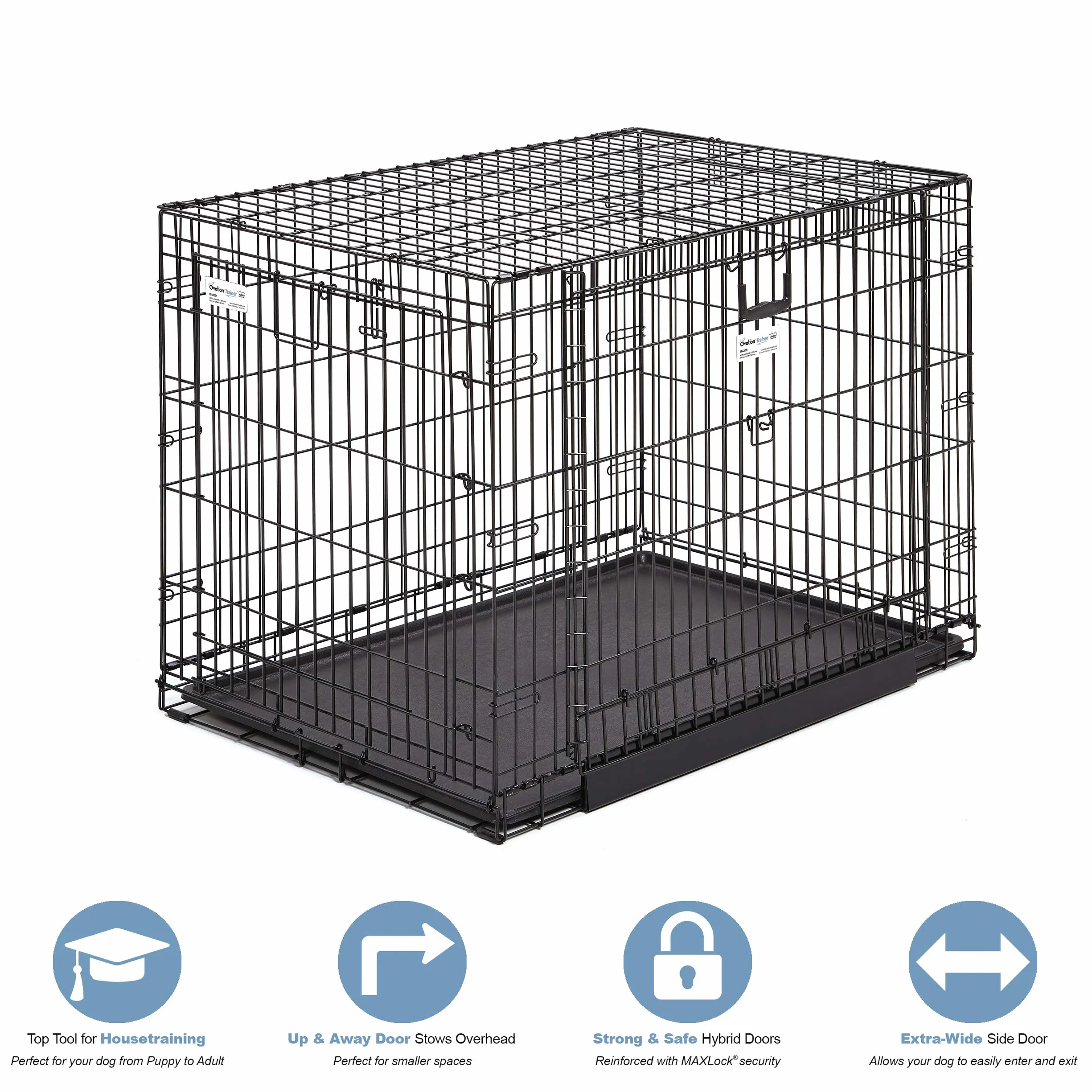 Midwest Homes for Pets Large Ovation Double Door 42-inch Folding Metal Dog Crate, Front and Up & Away Side Doors, Space-Saving Design