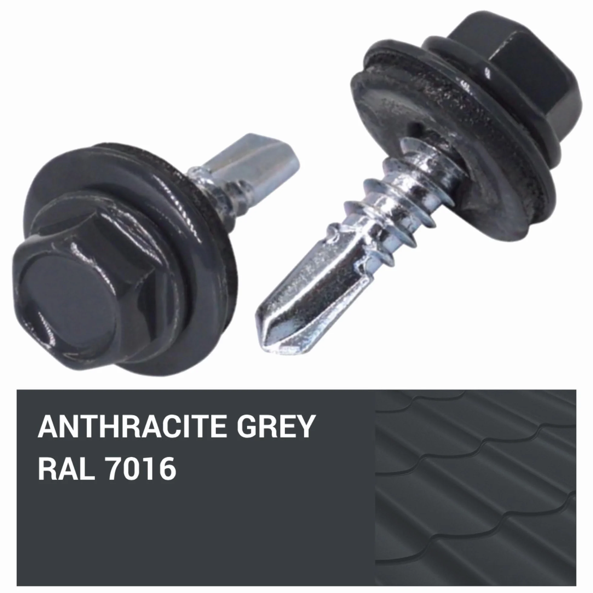 SKIR'CO (25 szt.) Wkręty dekarskie, łeb sześciokątny, wkręty samowiercące malowane 4,8 x 19 mm z podkładkami EPDM (szary antracytowy RAL 7016)