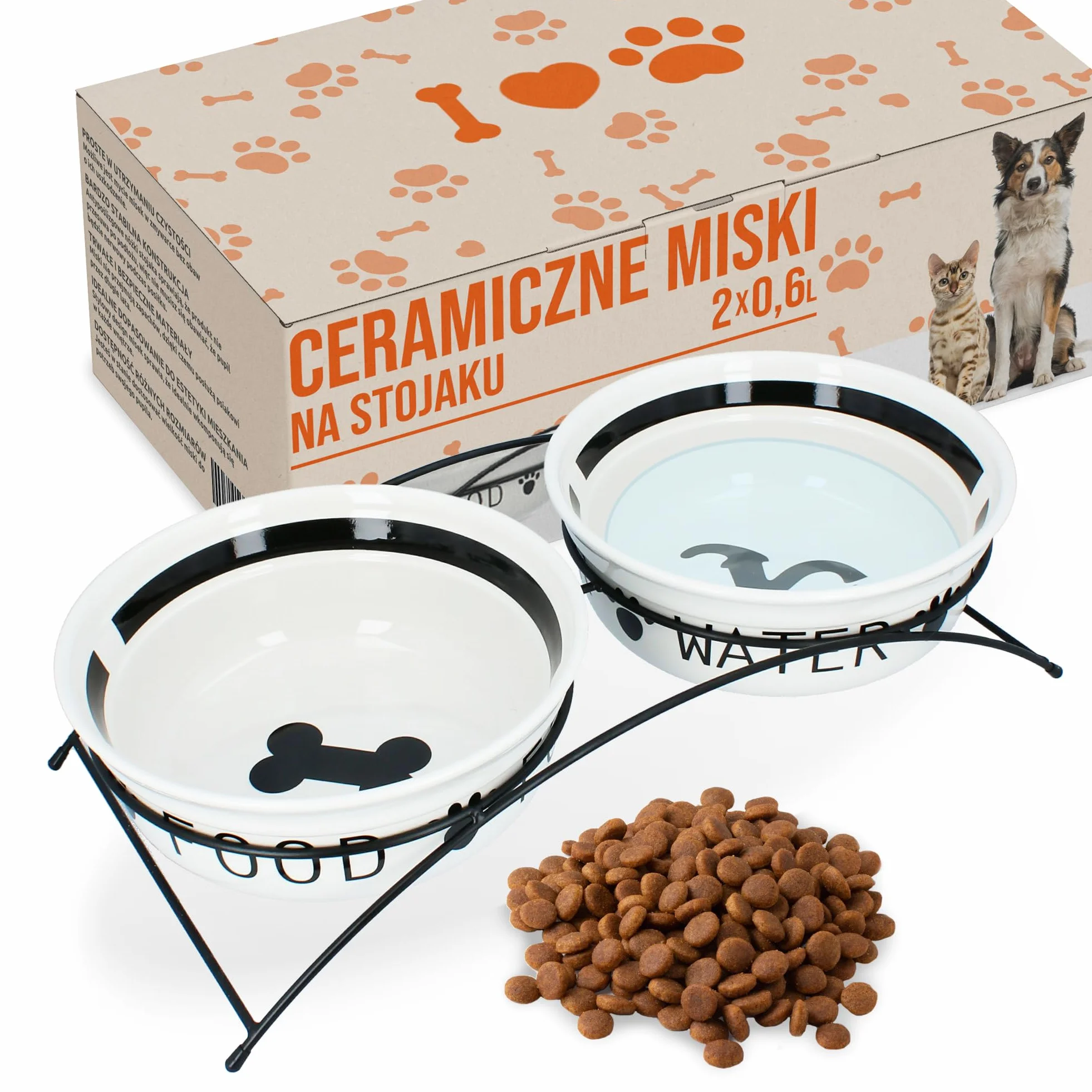 Miska Ceramiczna Małe Miski Porcelanowa Psa Kota Szczeniaka na Stojaku Podwyższeniu Podwójna 2 x 0,6 l Karmę Wodę Jedzenie Praktyczna