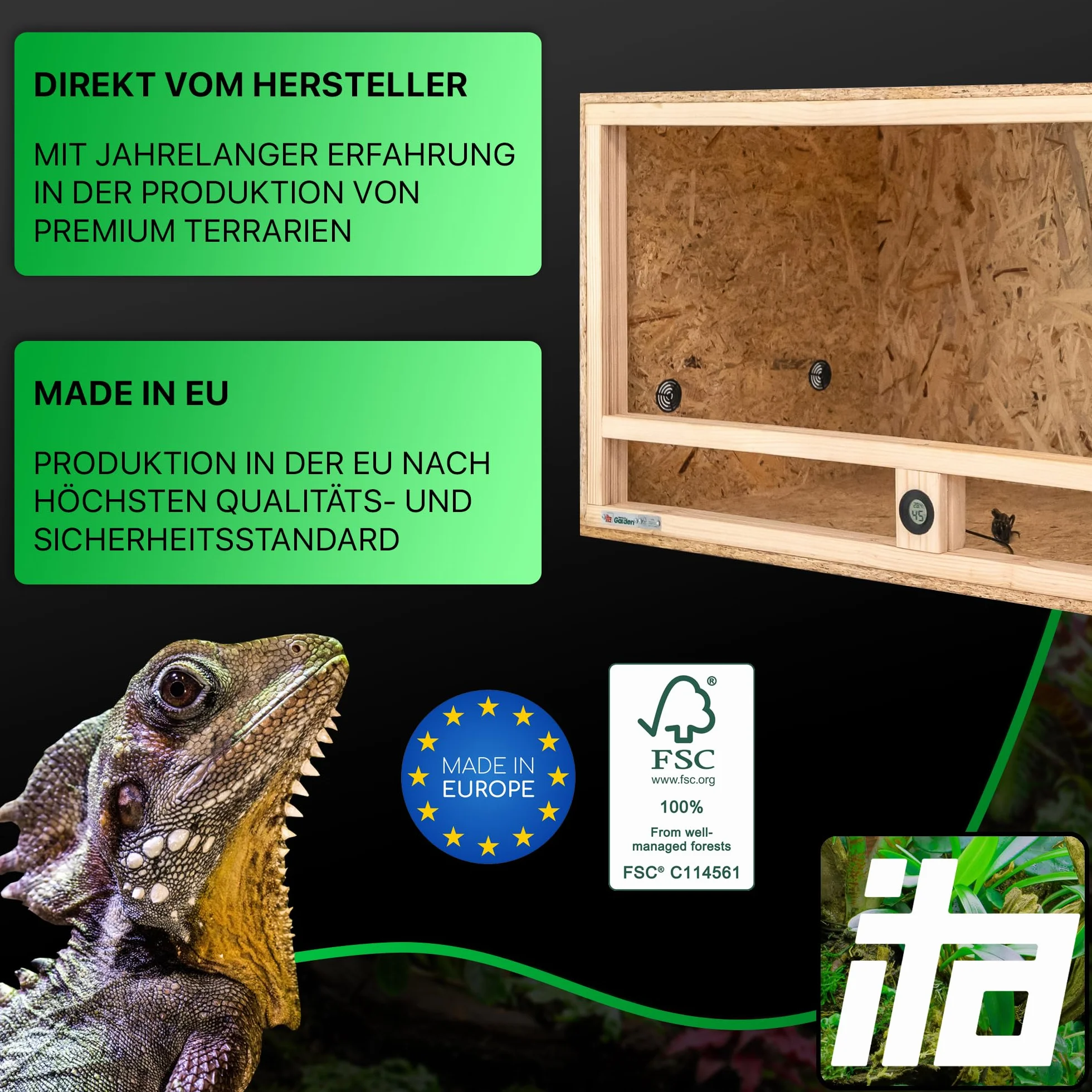 ITA Drewniane terrarium 100 x 50 x 50 cm ze zintegrowaną wentylacją i higrometrem, drewniane terrarium OSB-3, dla gadów, węży, płazów - produkt UE, certyfikat FSC
