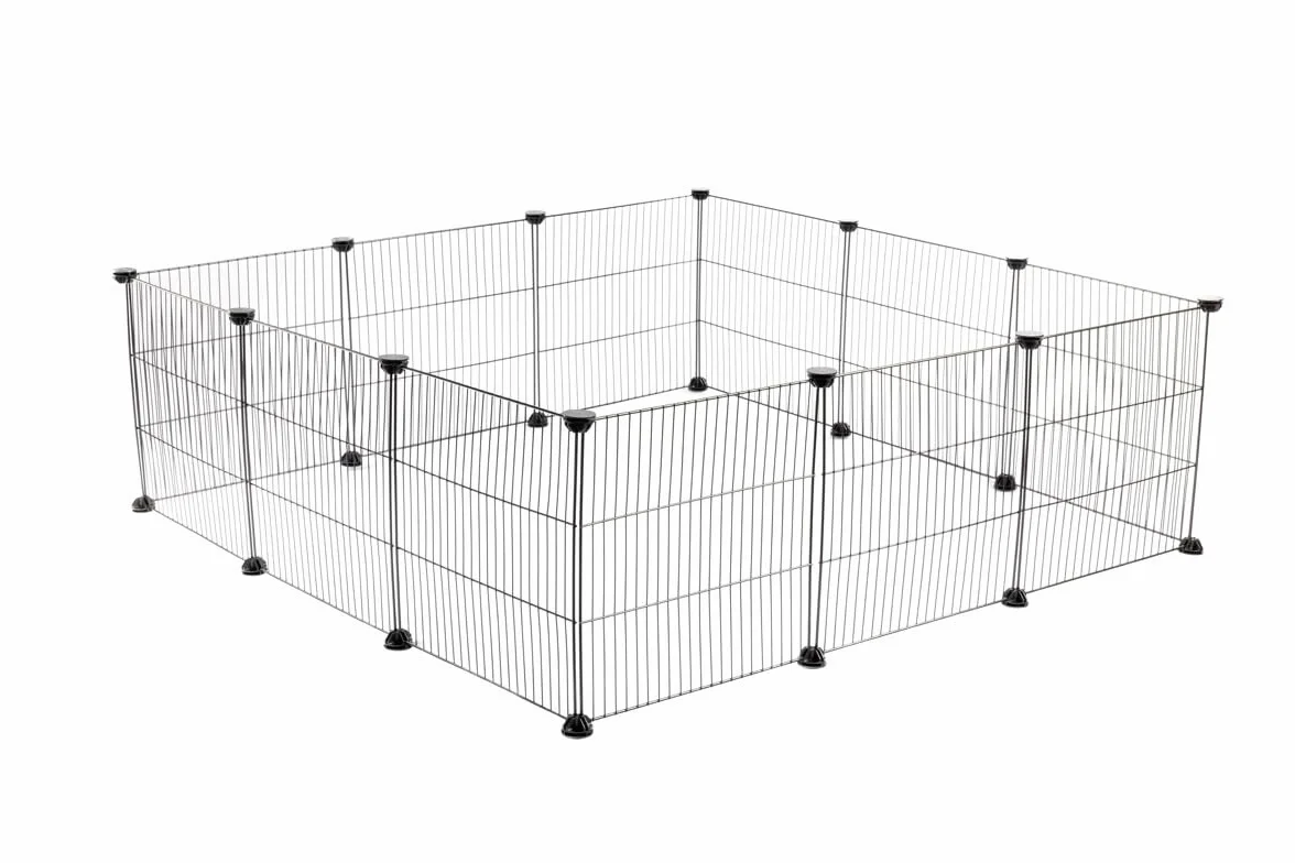 HAPPET Kojec modułowy dla zwierząt 12 paneli 35×35 cm – elastyczny wybieg dla królików, gryzoni, kociąt i szczeniąt, metalowe panele, szybki montaż, konfiguracja dowolnego kształtu