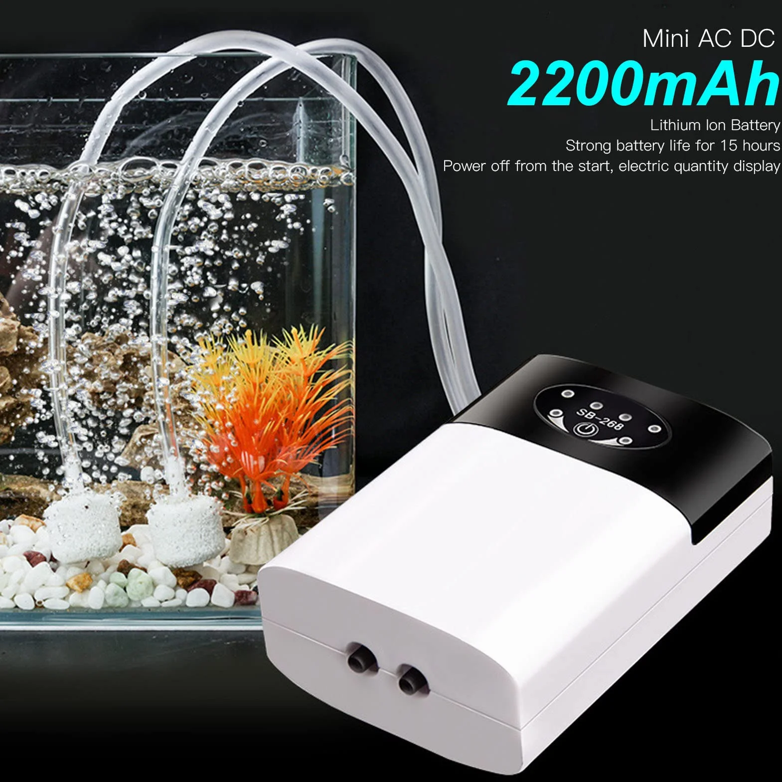Pompa Powietrza do Akwarium, Przenośna Pompa Tlenowa USB Akumulatorowa, Cichy Napowietrzacz do Akwarium z Kamieniami Napowietrzającymi, Napowietrzacz Pompa Tlenowa do Akwarium Wędkarstwo na świeżym Po