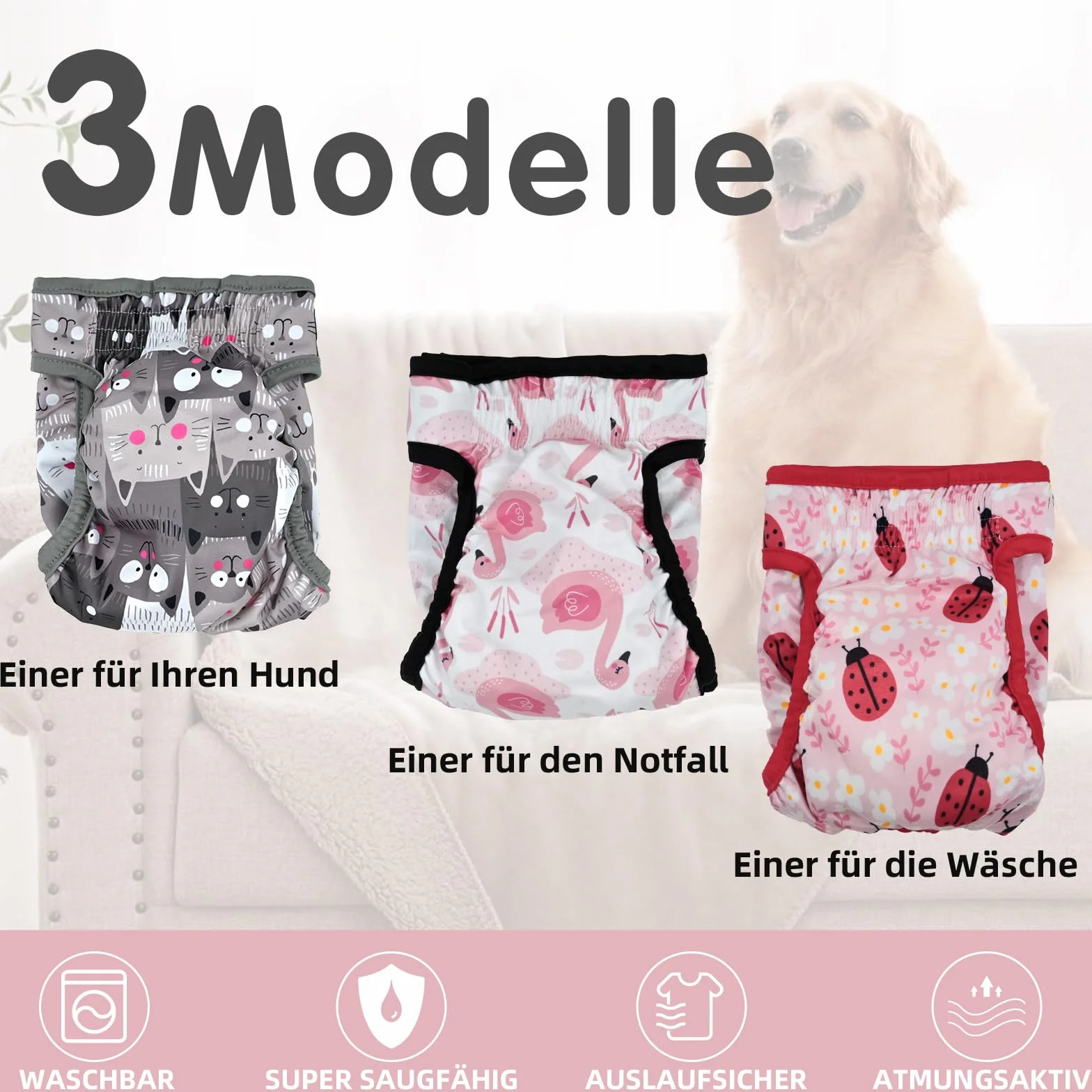 Wielokrotnego Użytku Pieluchy dla Suk XS (3 Sztuki), Pieluchy dla Suk o Wysokiej Chłonności z Mocnym i Elastycznym Zapięciem