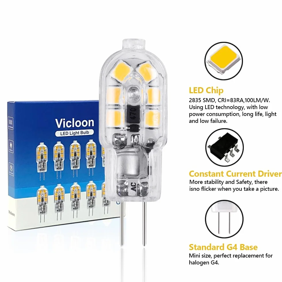 Vicloon G4 LED-lamp 10-pack warm wit 2W 130lm 12V AC/DC 3000K 360°