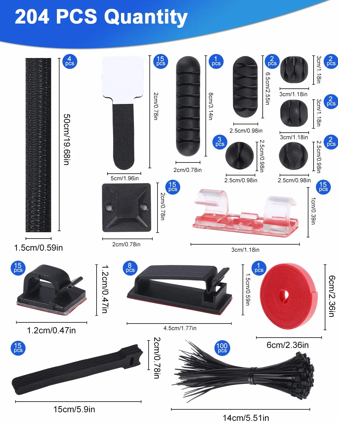 Zarządzanie kablami 204 PCS, zarządzanie kablami biurkowymi 9 typów, 100 opasek kablowych, rzepy 3M do cięcia Zestaw do zarządzania kablami Odpowiedni do wszystkich kabli Kable zasilające Kable sieciowe Kable telewizyjne