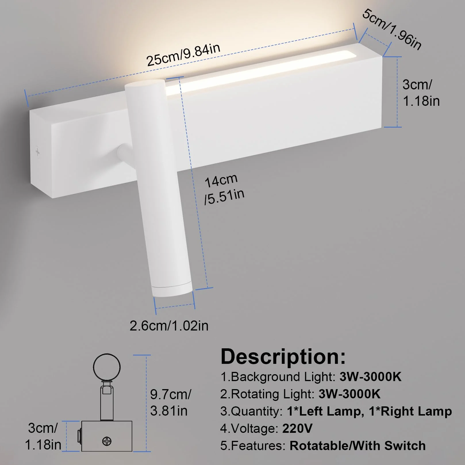 Klighten Lampa ścienna LED, 2 sztuki, 3 W + 3 W, 2-punktowa, 3000 K, z 2 przełącznikami, okrągły reflektor ścienny, obracany o 330°/regulowany o 60°, do salonu, aluminium, ciepła biel, biały