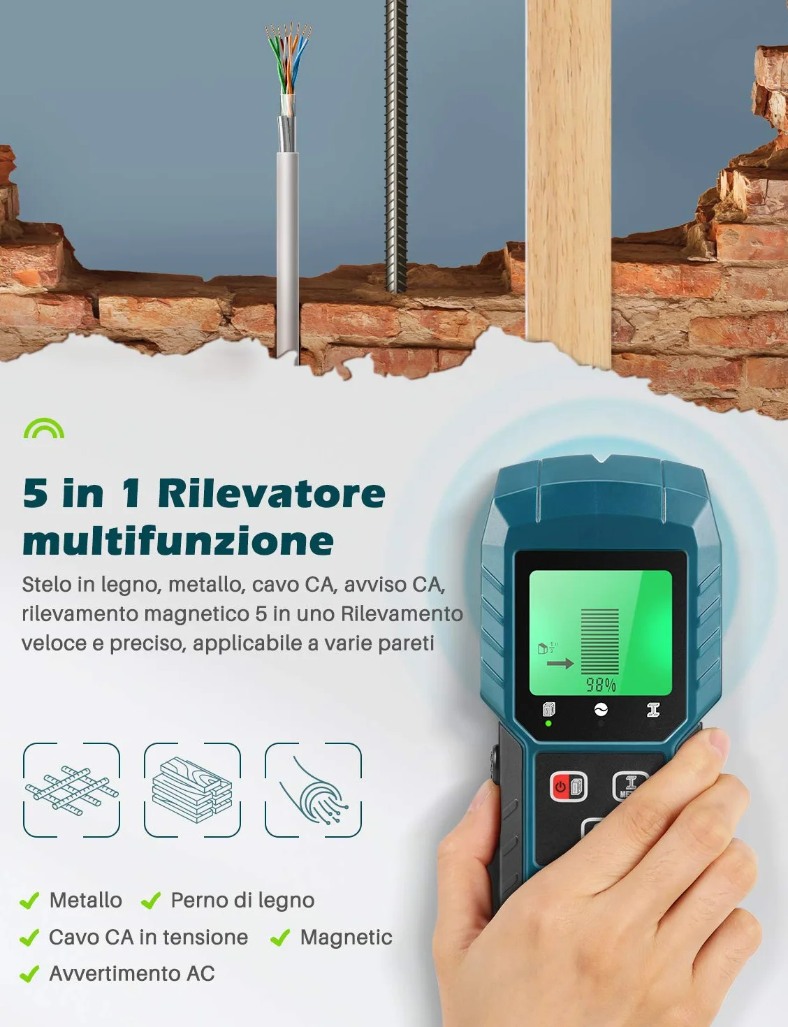 5 w 1 elektryczny wykrywacz rur i kabli, detektor cyfrowy, ekran LCD, alarm dźwiękowy, kable drewniane/metalowe/magnetyczne lub niemagnetyczne/AC