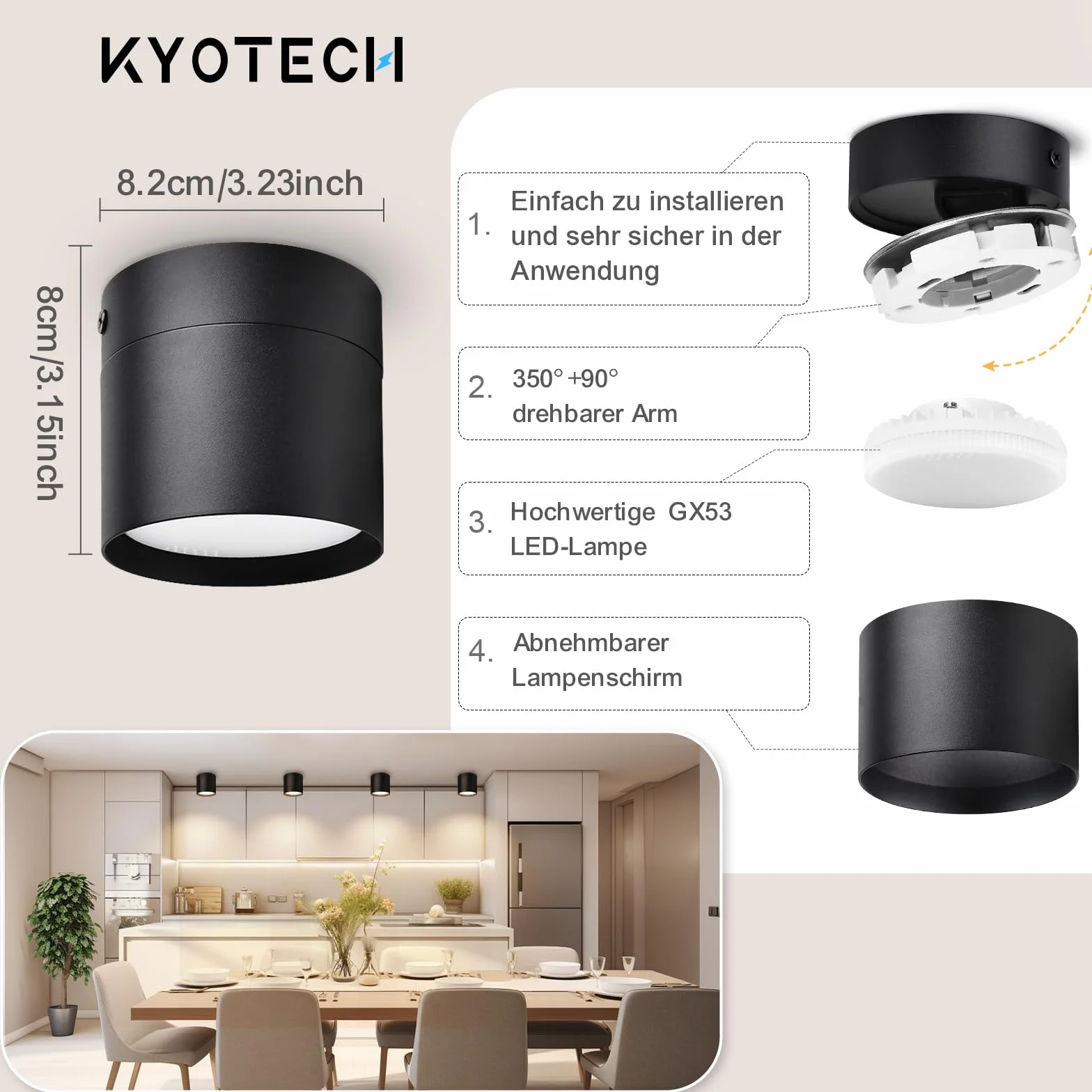 KYOTECH Wystający reflektor led obrotowe i obrotowe Ø84x80mm czarna lampa sufitowa w zestawie 6 W wymienna żarówka GX53 3000K ciepła biel 550 lm reflektor sufitowy LED downlight
