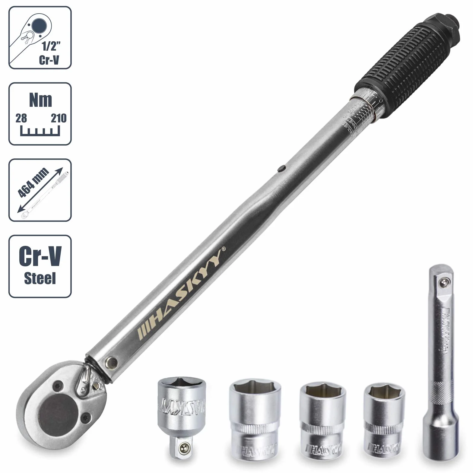 HASKYY 1/2" Klucz dynamometryczny 28-210 Nm odwracalna grzechotka napędowa
