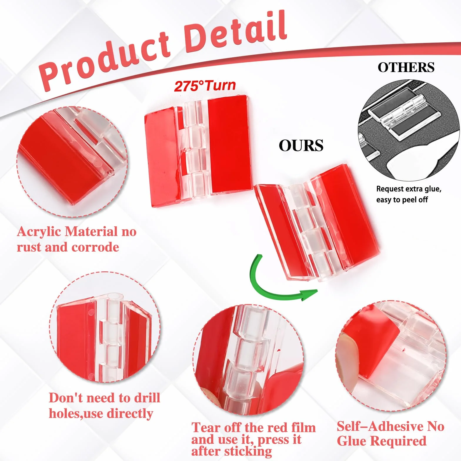 Ptwola Zawiasy Akrylowe Samoprzylepne 35 x 25 mm Małe Przezroczyste Plastikowe Zawiasy Fortepianowe Składane Narzędzia do Szafek Mebli Pudełko Ekspozycyjne 12 Szt. Przezroczyste