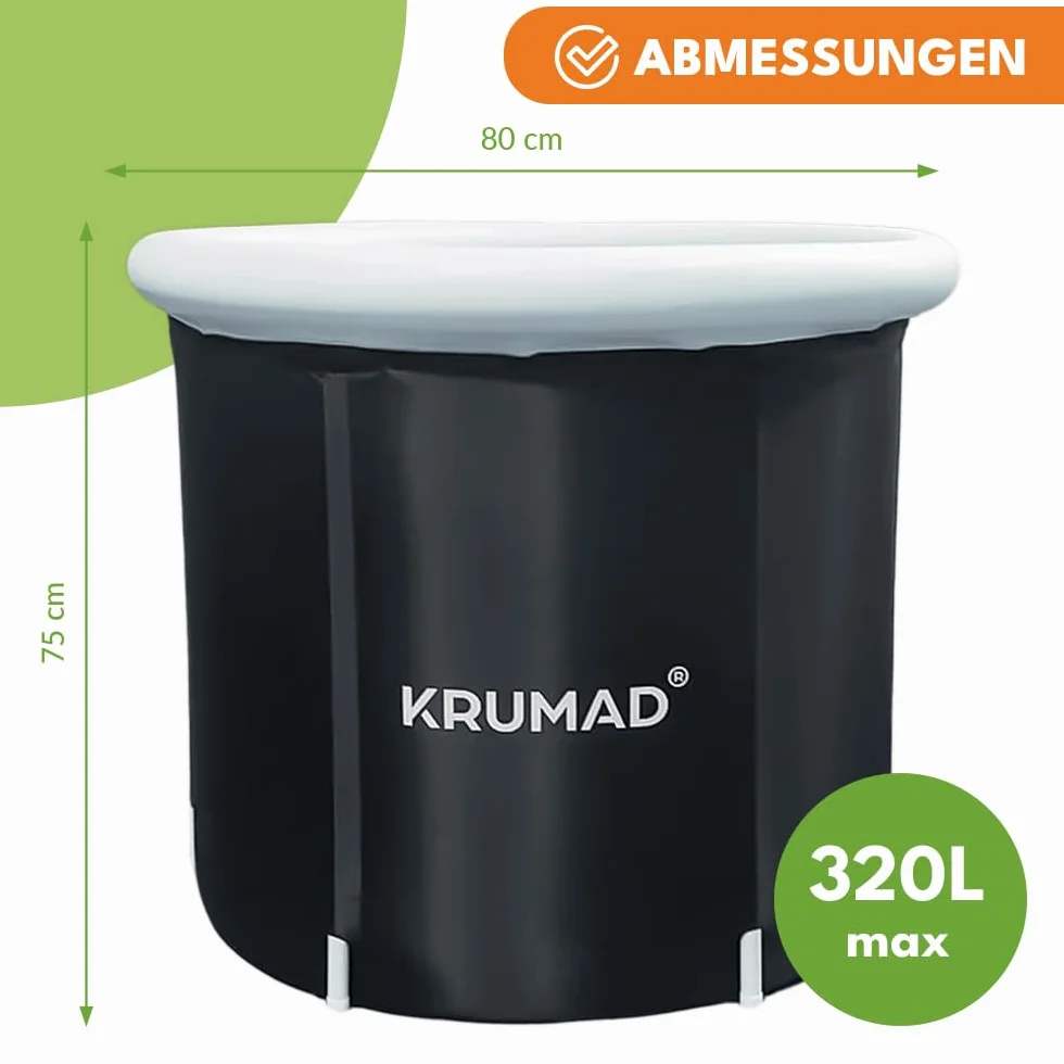 KRUMAD Beczka do morsowania 320 L – Składana wanna do zimnych kąpieli – Odporna na mróz i UV, z pokrywą, zaworem i wspornikami – Przenośna wanna lodowa do regeneracji, terapii i relaksu