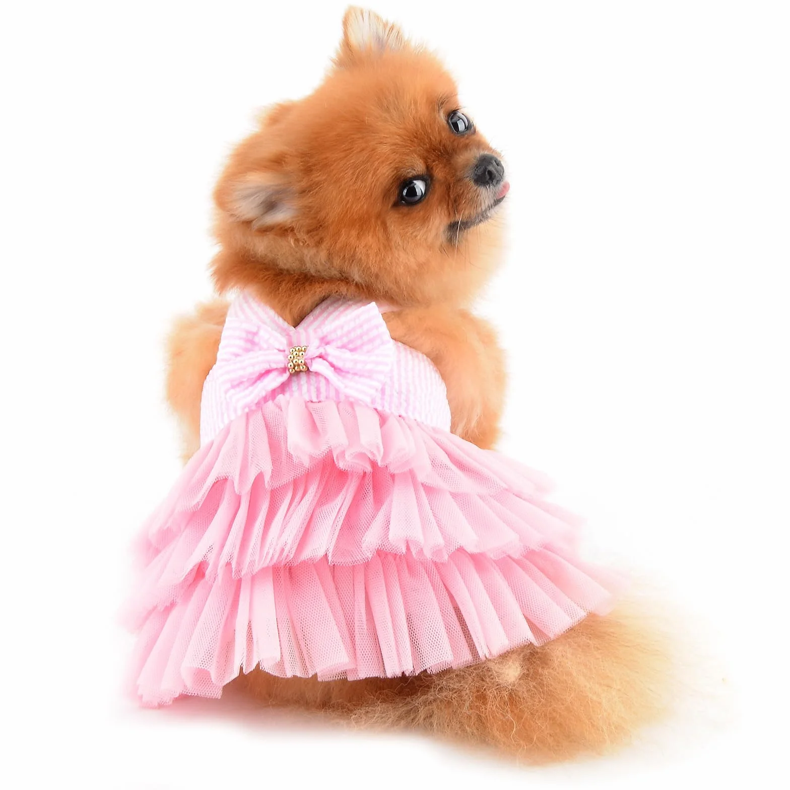 PAIDEFUL Sukienka dla małego psa w paski denim organza kokarda koraliki spódnica tutu lato miękka wygodna oddychająca ubrania dla szczeniaka bez rękawów guzik odzież dla kociąt, różowa, L
