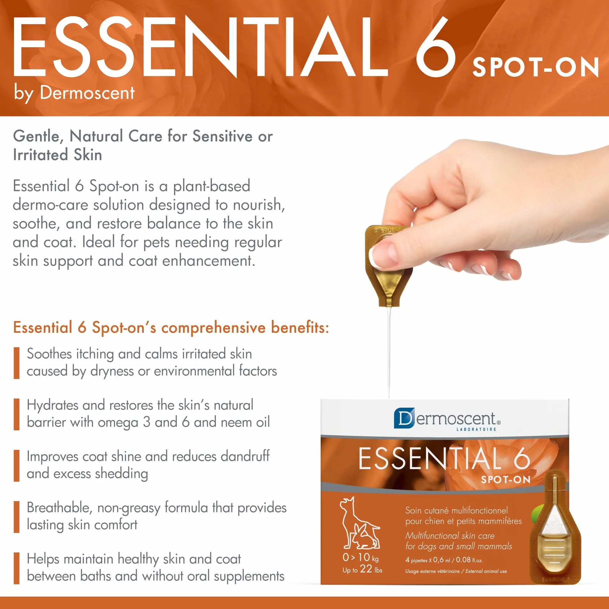 Dermoscent Essential 6 Spot-On | 4 x 0,6 ml | dla małych psów, kotów i małych zwierząt | może pomóc w łagodzeniu swędzenia | z witaminą E | bezproblemowe stosowanie