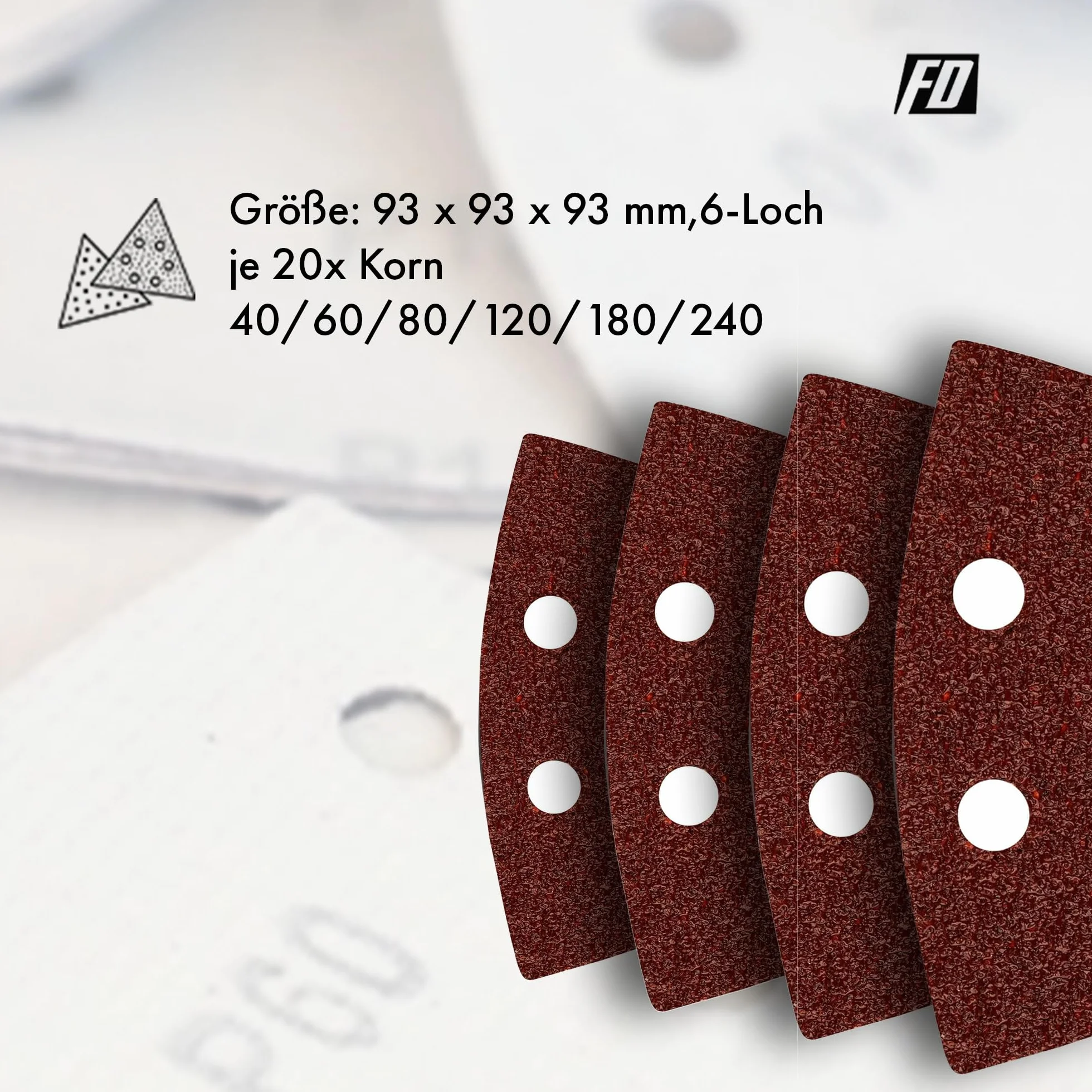Delta-Trójkąty szlifujące │ 120 sztuk │ 6 otworów │ 93 x 93 mm │ Mixpack (20 x ziarno 40/60/80/120/180/240 każdy) │ do szlifierek delta │ Arkusze ścierne │ Papier ścierny
