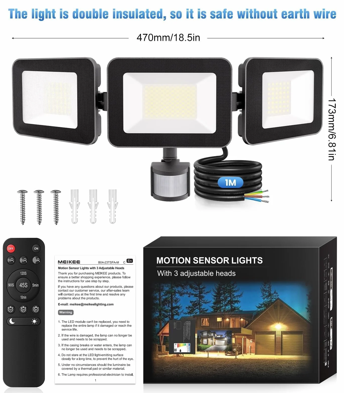 MEIHUA 100W LED ?wiat?o ?wietlne z czujnikiem ruchu zdalne sterowanie 9600LM IP66 wodoodporne ?wiat?o 6500K Trzy g?owy 270° Regulowane ?wiat?o ?wietlne na zewn?trz Ogród Gara? Plac sportowy