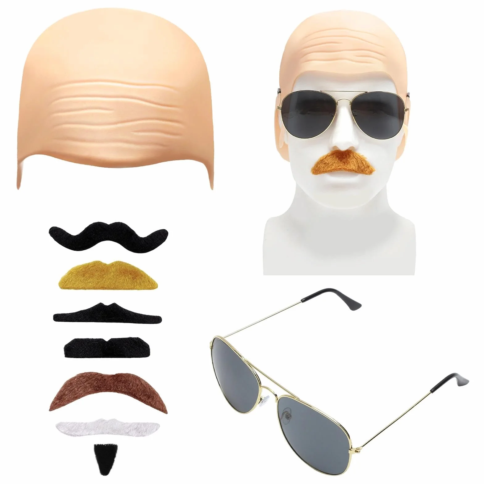 Zestaw czapek łysiących dla dorosłych i dzieci – 7 sztuk sztucznej brody + lateksowe łysienie + okulary przeciwsłoneczne – przebranie na Halloween, Cosplay, kostium Pitbulla, Pitbull, Pitbull, Pan