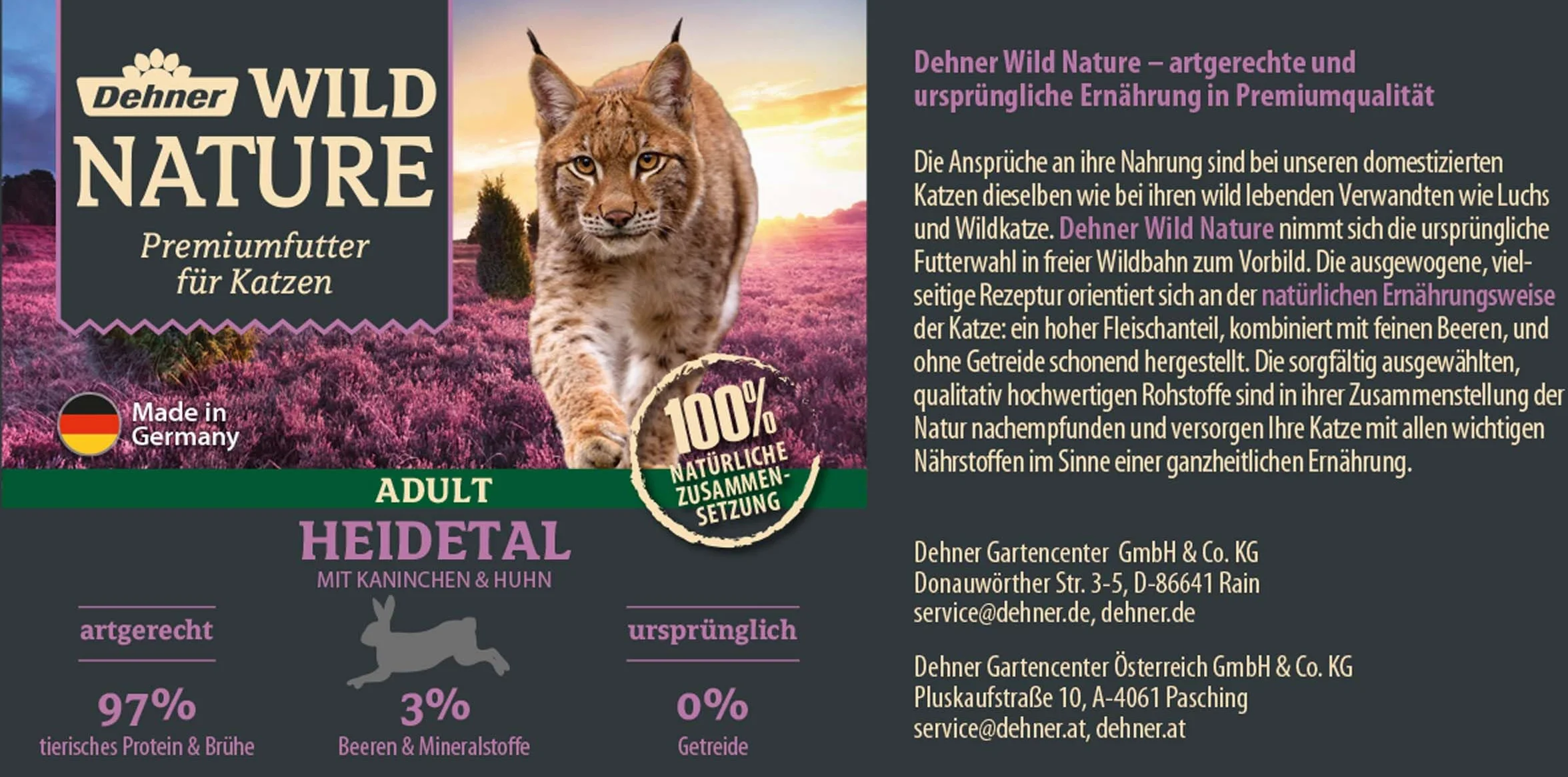 Dehner Wild Nature karma dla kotów Heidetal, mokra karma bez zbóż/bez cukru, dla dorosłych kotów, królików/kurczaków, puszka 6 x 400 g (2,4 kg)