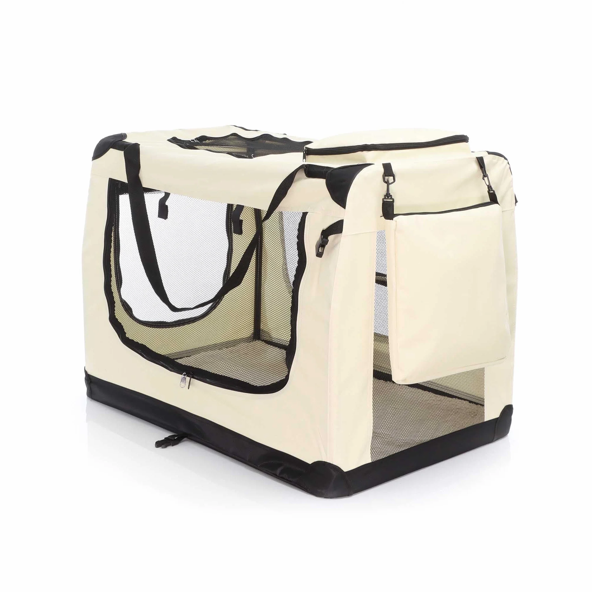 Fudajo Składany transporter dla psa i kota XXXL (101x68x70 cm) beżowy, klatka transportowa z poduszką, lekka torba do samochodu dla zwierząt do max. 30 kg
