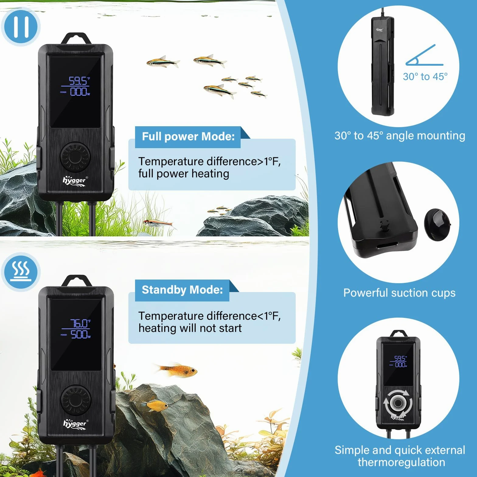 hygger Grzejnik zanurzeniowy do akwarium 1000 W z inteligentnym wyświetlaczem cyfrowym LED, czarny