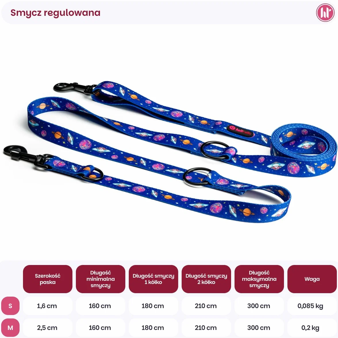 Smycz dla Dużego Psa Przepinana 1.6-3M | NO ABSORB | Szerokość 2.5cm | Regulowana | Spacer z dwoma psami jednocześnie | Obrotowe karabińczyki | 2 Możliwości noszenia | Cosmic Bloom - L