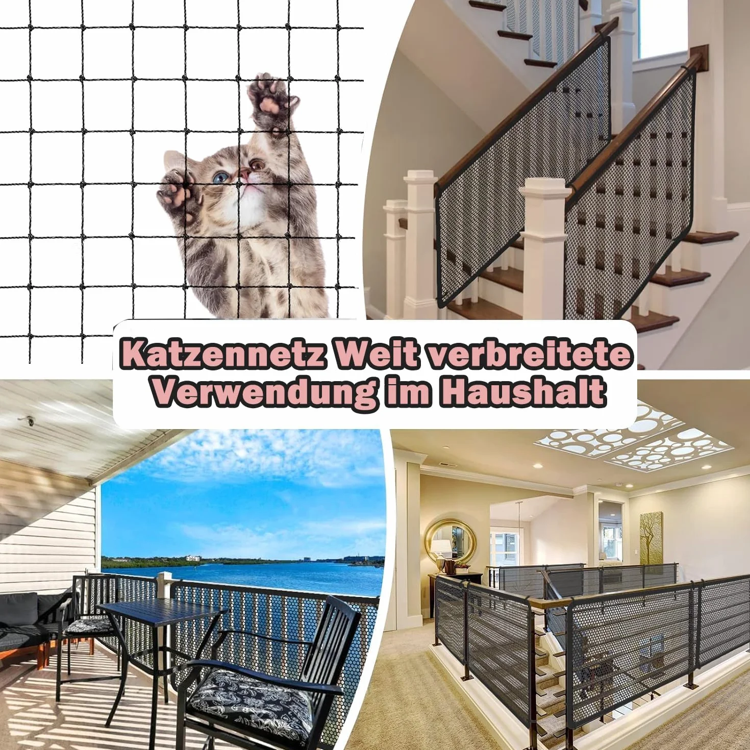 Siatka dla kota na balkon, 6 x 3 m, wzmocniona drutem, z linką mocującą 15 m i akcesoriami, mocna, trwała, odporna na promieniowanie UV, odporna na warunki atmosferyczne, nadaje się na balkon,