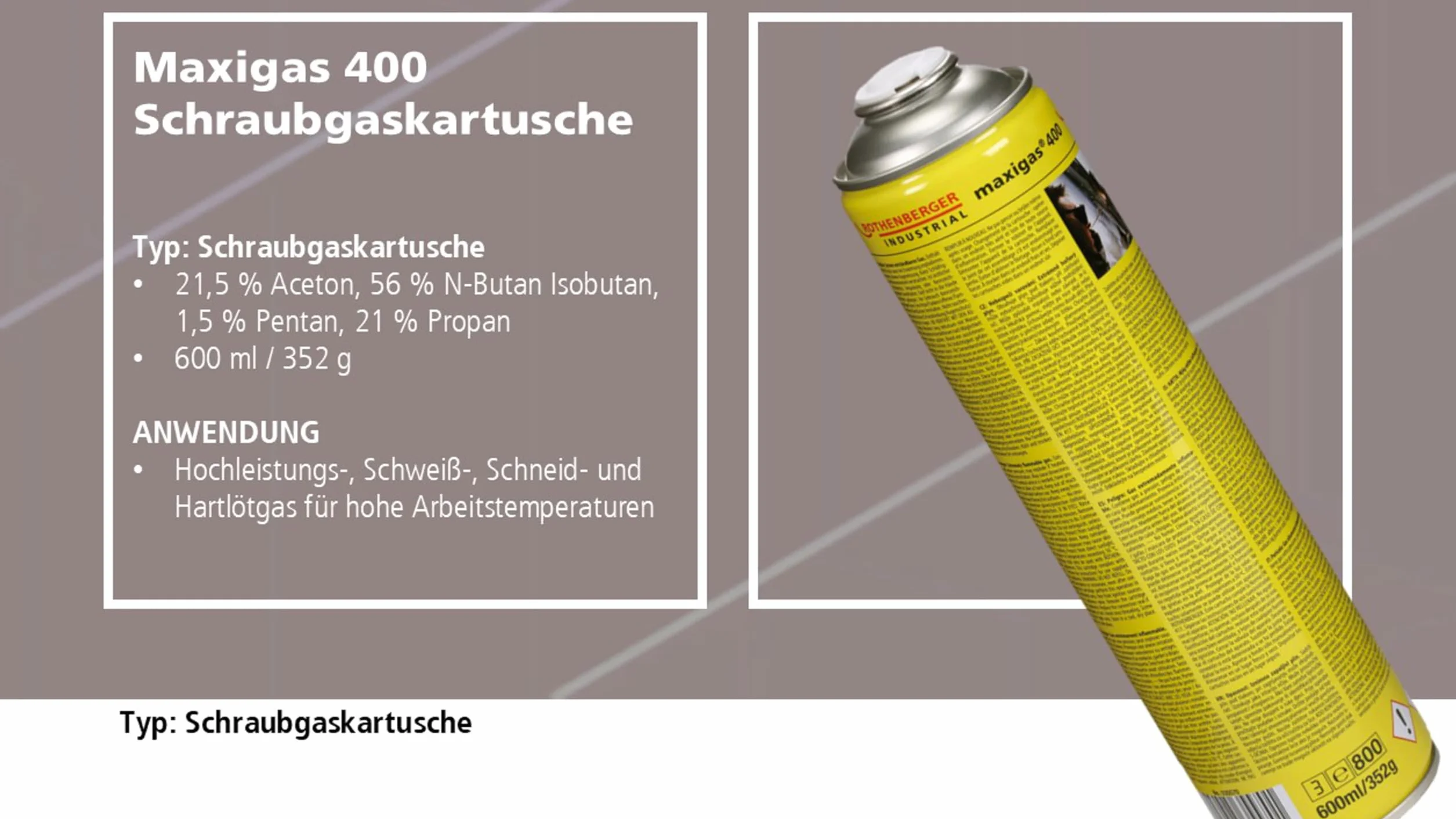 ROTHENBERGER Industrial - Maxigas 400 - Wkład Gazowy Paliwowy - Specjalny Mix Gazu - 600Ml, 35570