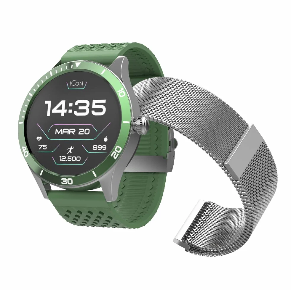 FOREVER Smartwatch AMOLED ICON II AW-110 dodatkowy pasek, wyświetlacz 1,3" 360 x 360 pikseli, IP68, Bluetooth v 5.1, czas czuwania 10 dni, akumulator litowo-jonowy 310 mAh, czas ładowania 2 godziny