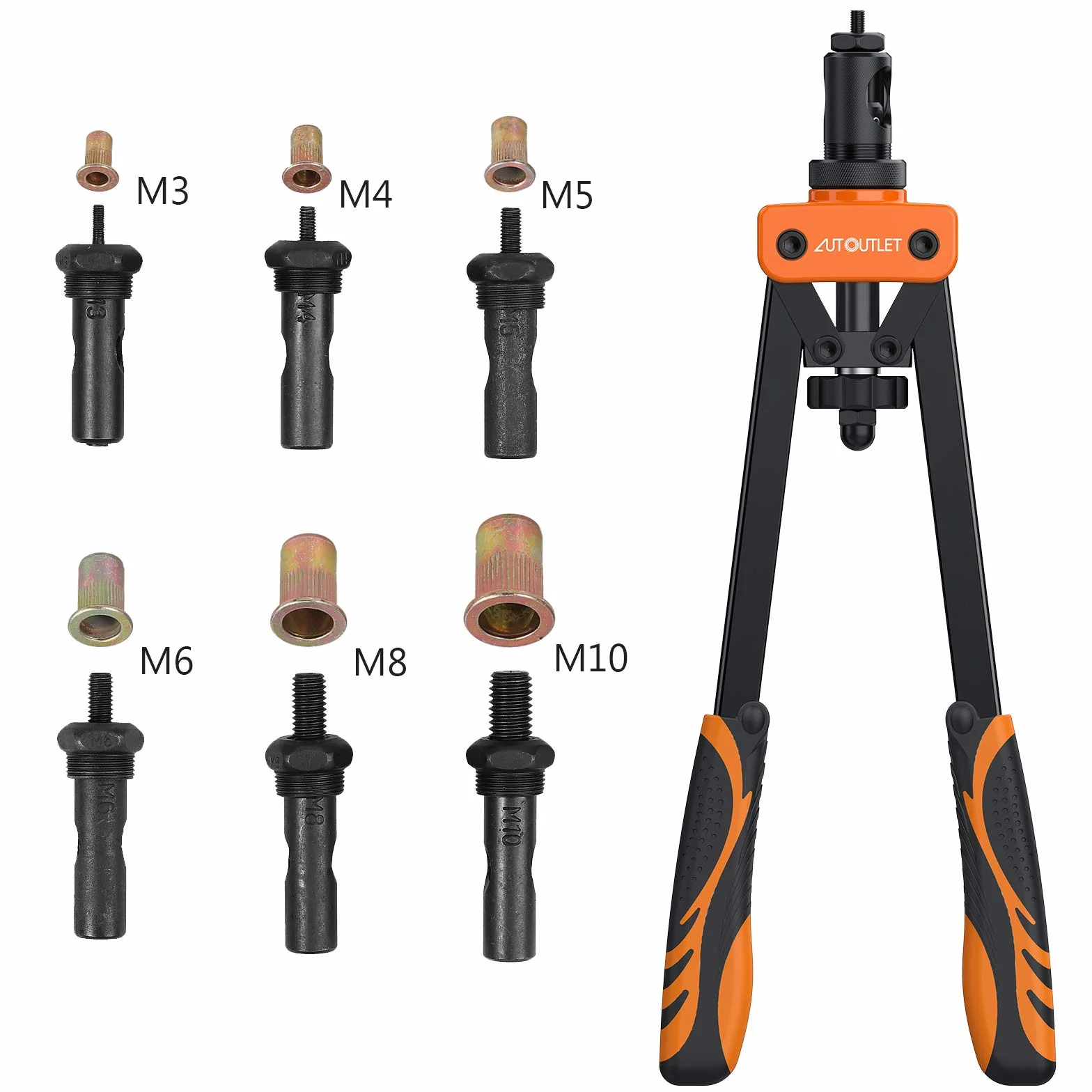 AUTOUTLET Zestaw szczypiec do nitów, profesjonalny zestaw szczypiec do nitów M3, M4, M5, M6, M8, M10, 6 x trzpień stalowy, 150 szt. nakrętek nitowych, antypoślizgowy uchwyt do grubych arkuszy metalowych (pomarańczowy)