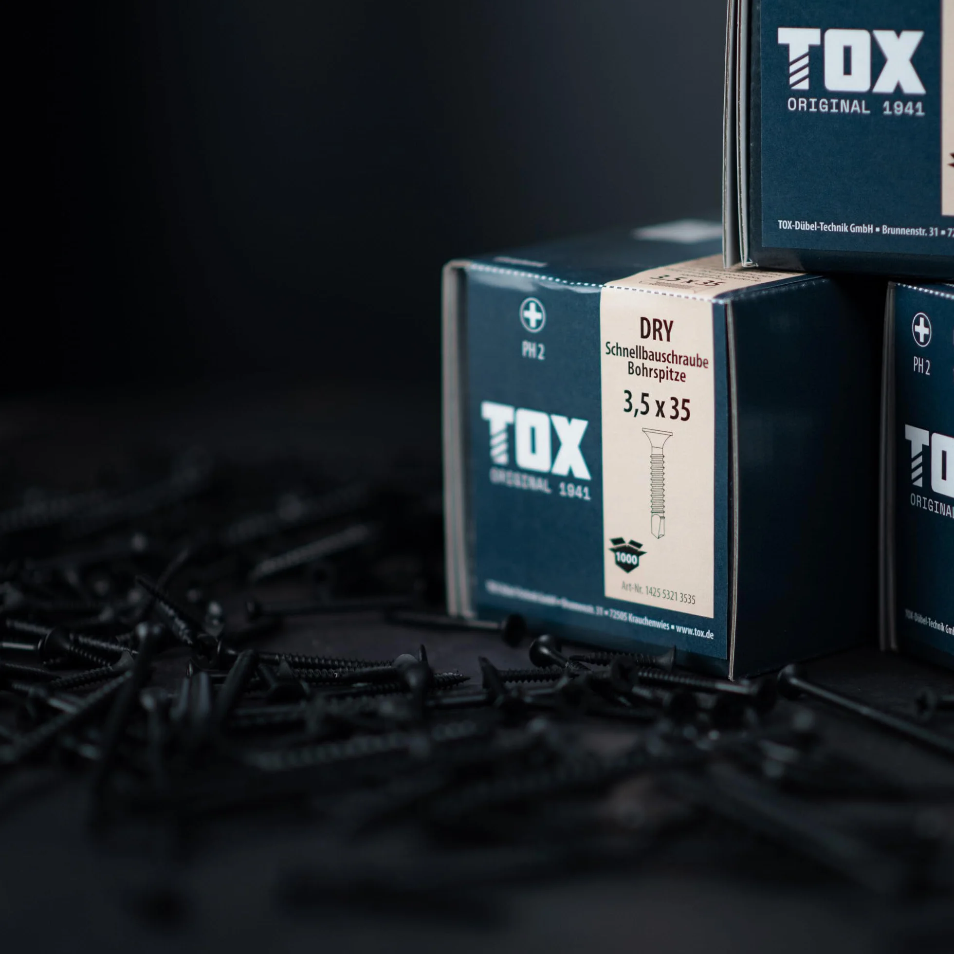 TOX Wkręty do szybkiego montażu DRY FG 3,9 x 25 mm, śruby czarne fosforanowane z głowicą trąbki + drobny gwint, płyta gipsowo-kartonowa na metalowej konstrukcji podłoży, PH2, 1000 sztuk, w zestawie 1