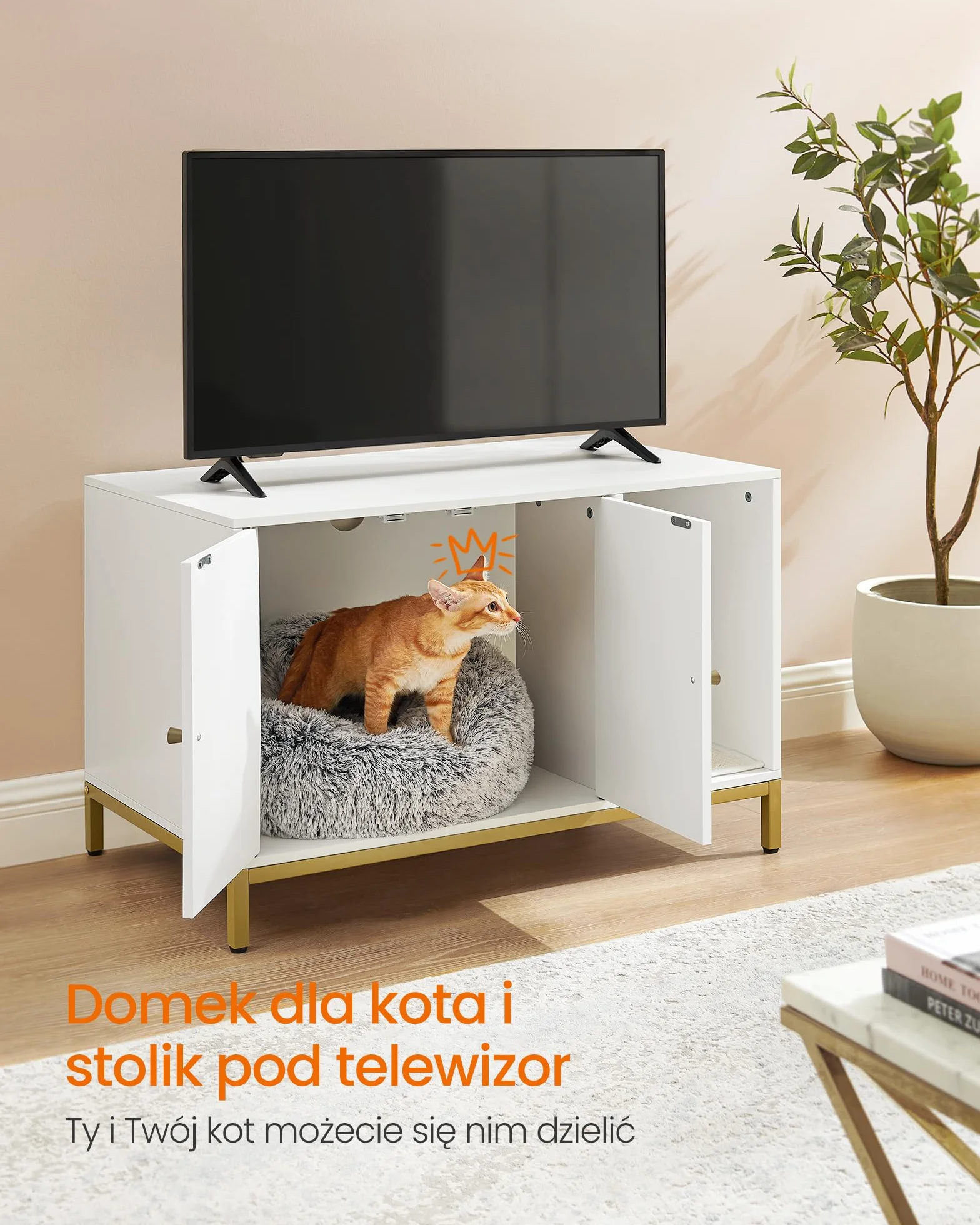Feandrea Szafka dla Kotów z Kuwetą i Matą do Drapania 80x50x55 cm Biało-Złoty
