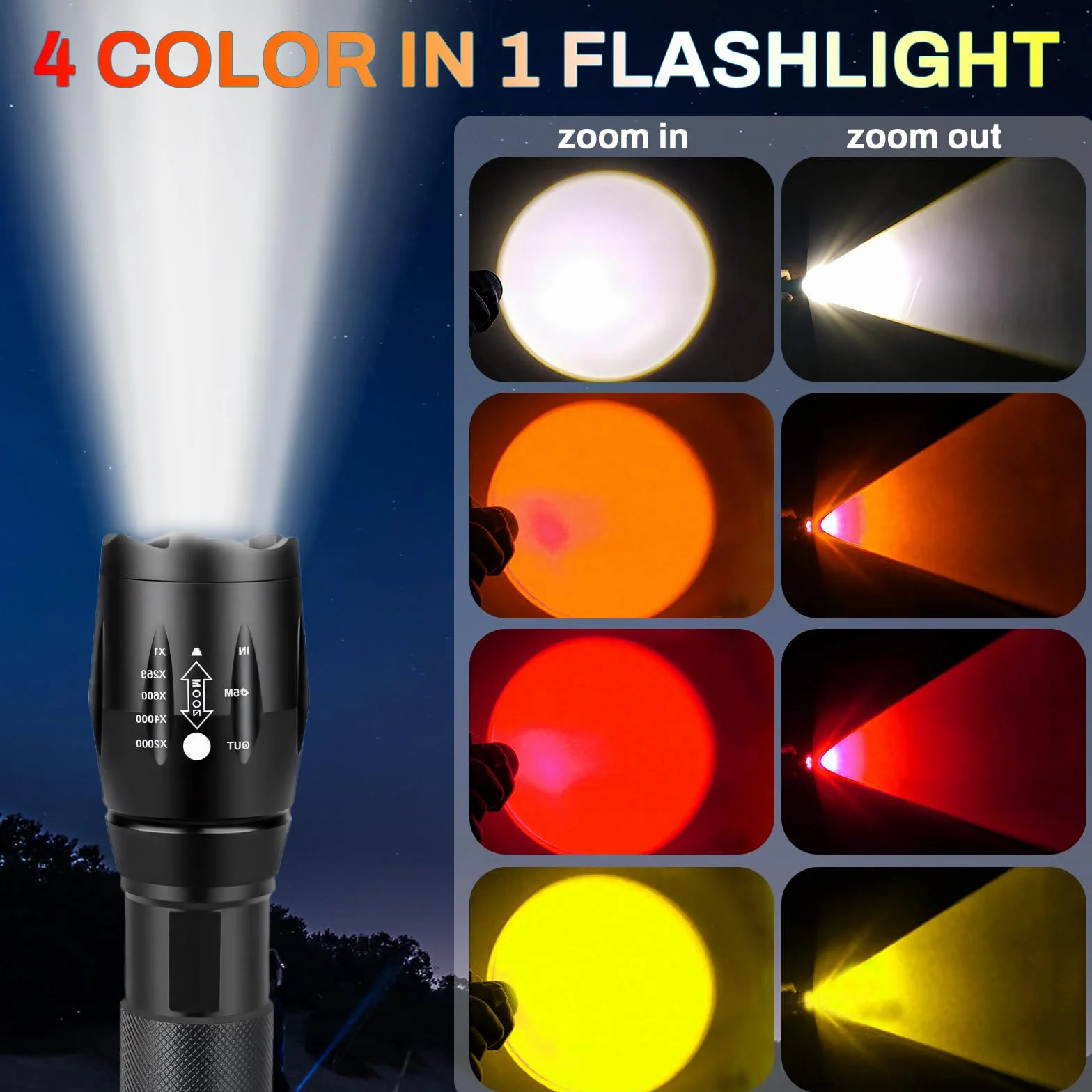 Latarka LED 4 w 1 Akumulatorowa Zoomable Wodoodporna Biała Czerwona Żółta Pomarańczowa
