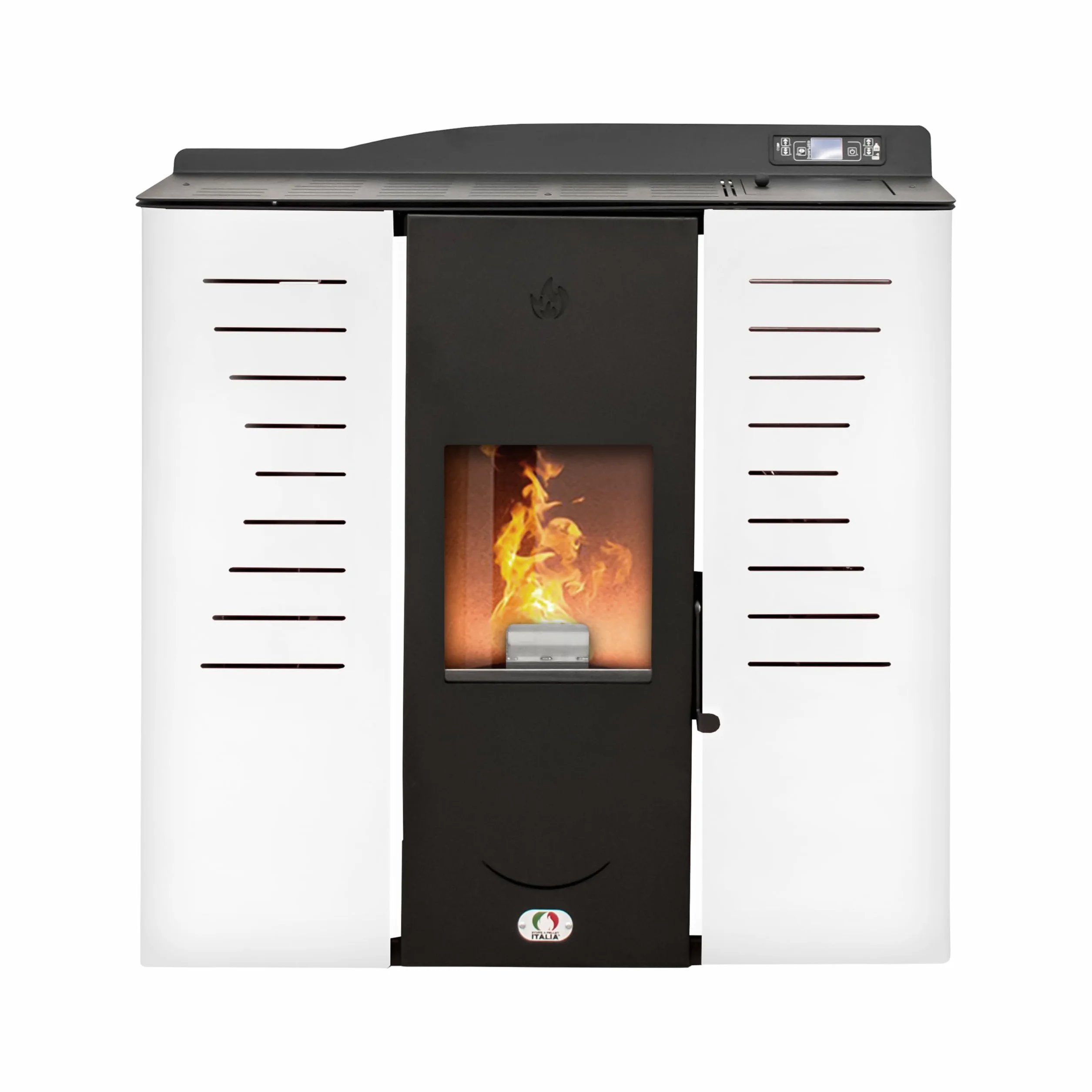 STUFE A PELLET ITALIA Italia 20 KW, 5-gwiazdkowa patelnia na pellet wodorowy, do ogrzewania i ciepłej wody, wydajność ogrzewania 89%, 130 m², czas pracy 16 h, programowalna, 5 mocy, 24 miesiące, biała