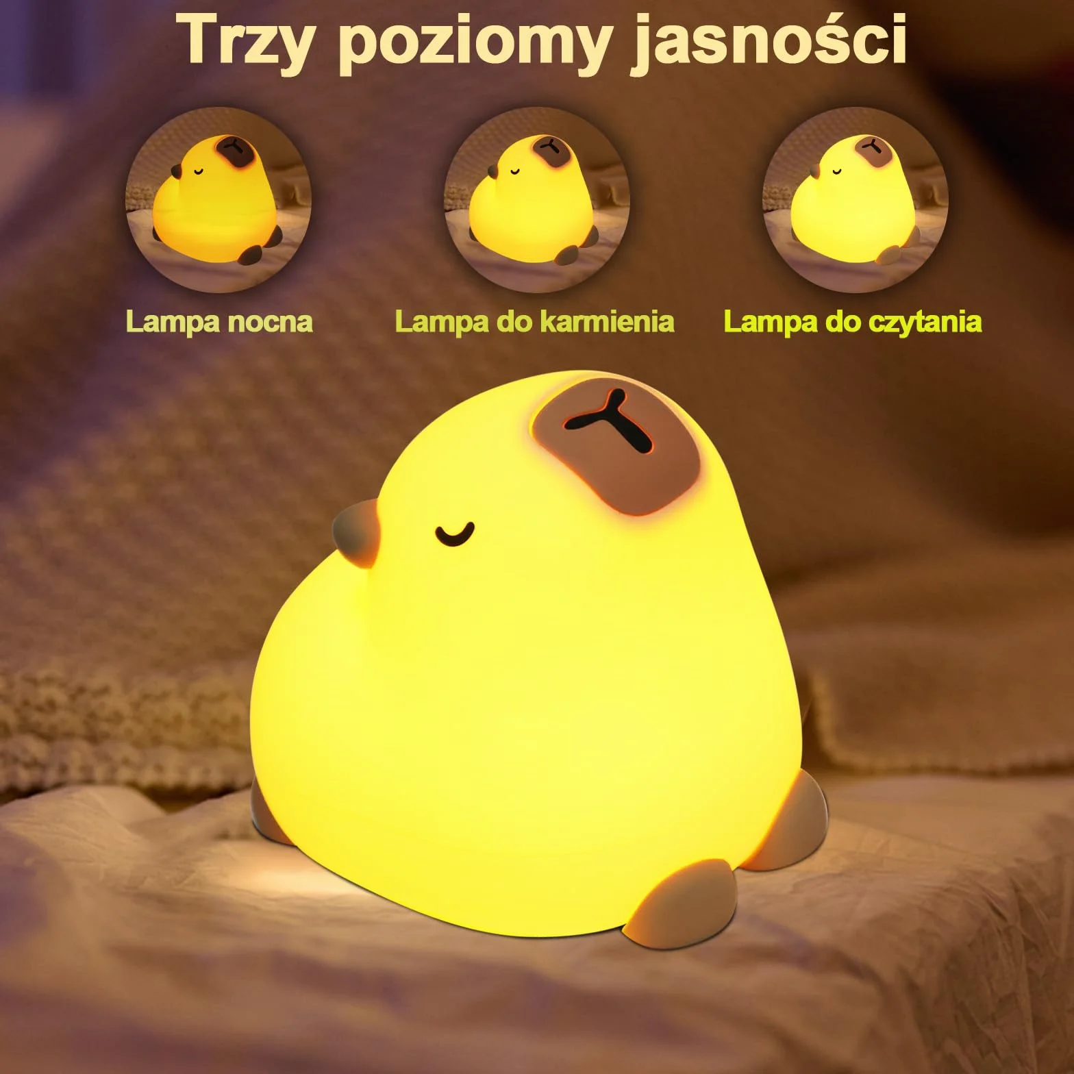 Lampka Nocna Capybara Silikonowa, Ładowana USB, 3 Poziomy Jasności, z Timerem i Sterowaniem Dotykowym, Idealna do Pokoju, Karmienia i Kempingu, Prezent dla Dzieci