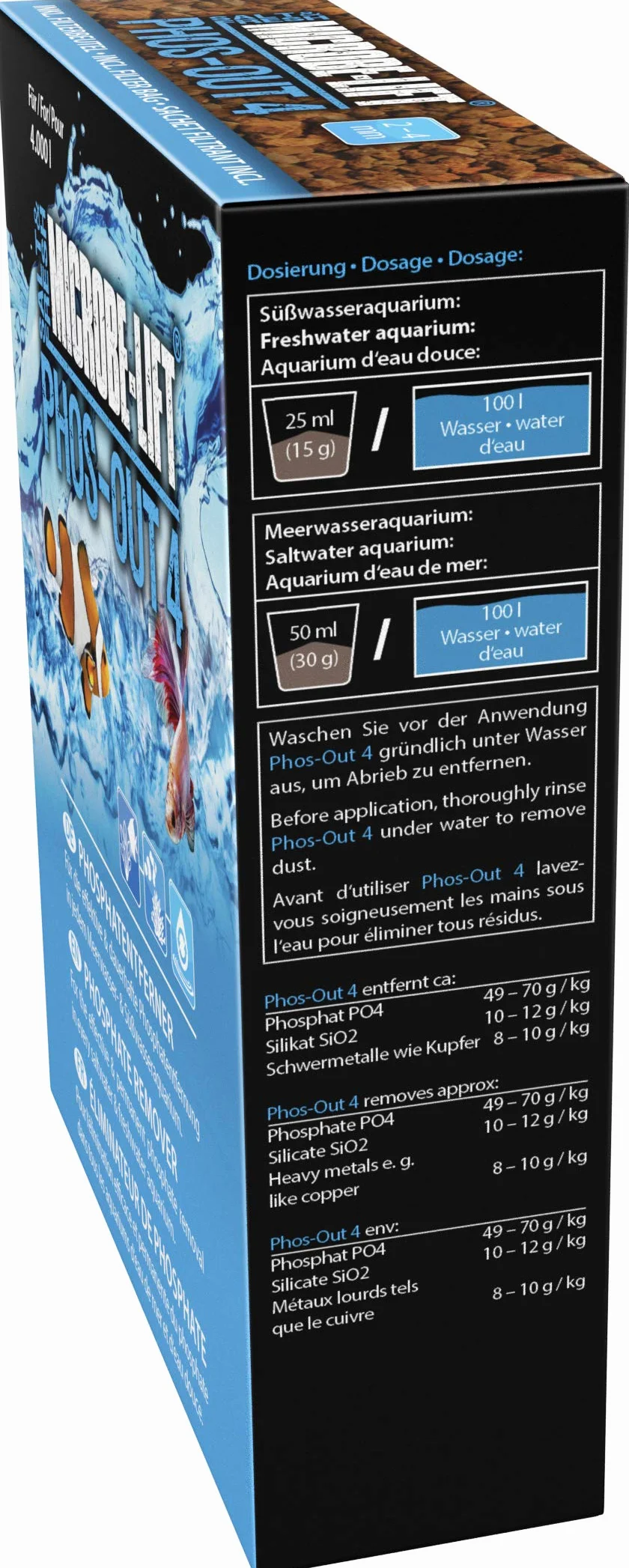 MICROBE-LIFT Phos-Out 4 medium filtracyjne - środek do usuwania fosforanów do wszystkich akwariów, usuwa fosforany, krzemiany, siarczki i substancje żółte, na bazie wodorotlenku żelaza, 312g
