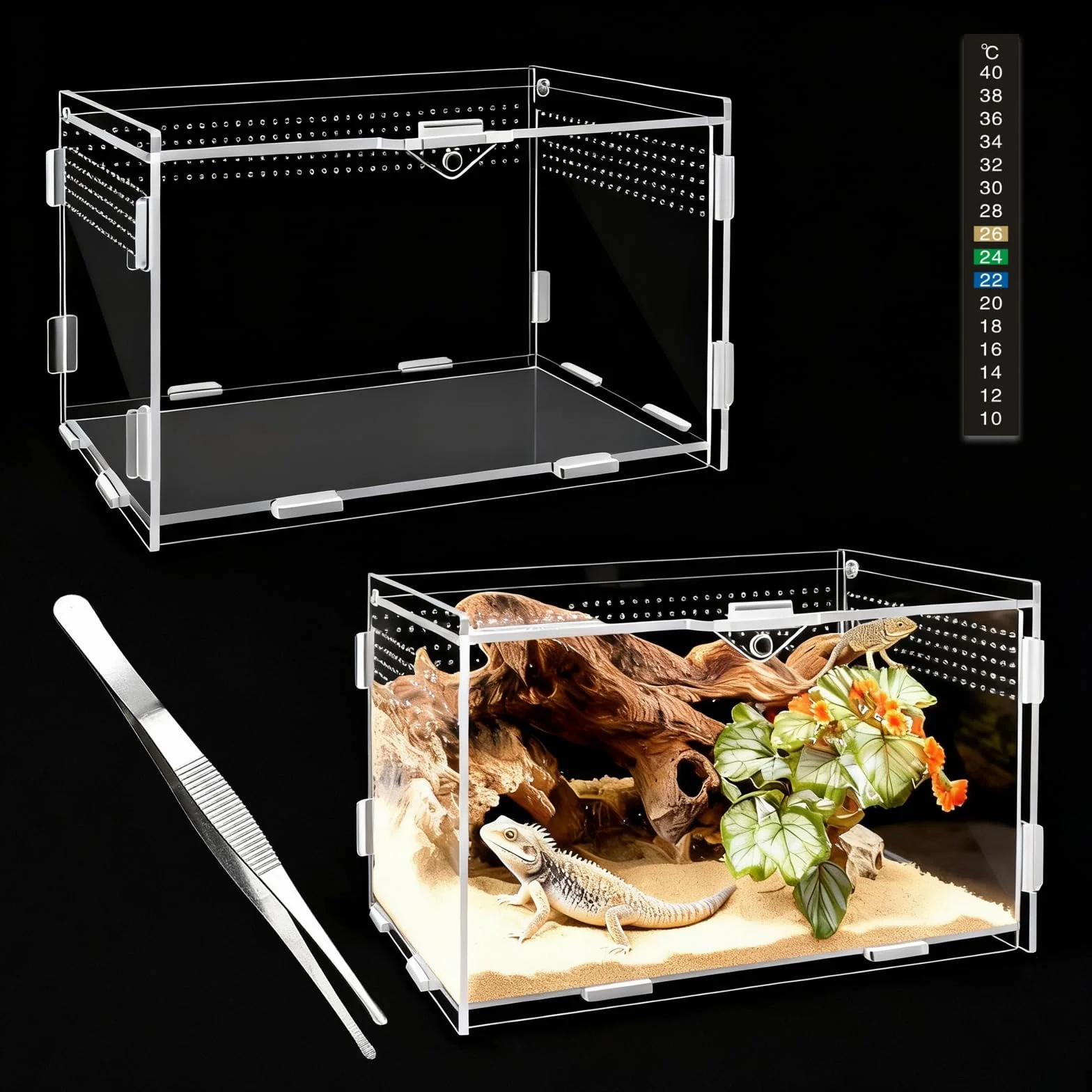 360°Terrarium akrylowe ślimaki, 20x12x12cm Terrarium akrylowe, przezroczyste wiwarium, oddychająca klatka do hodowli gadów, plastikowa klatka do hodowli jaszczurek, tysiąc nóg