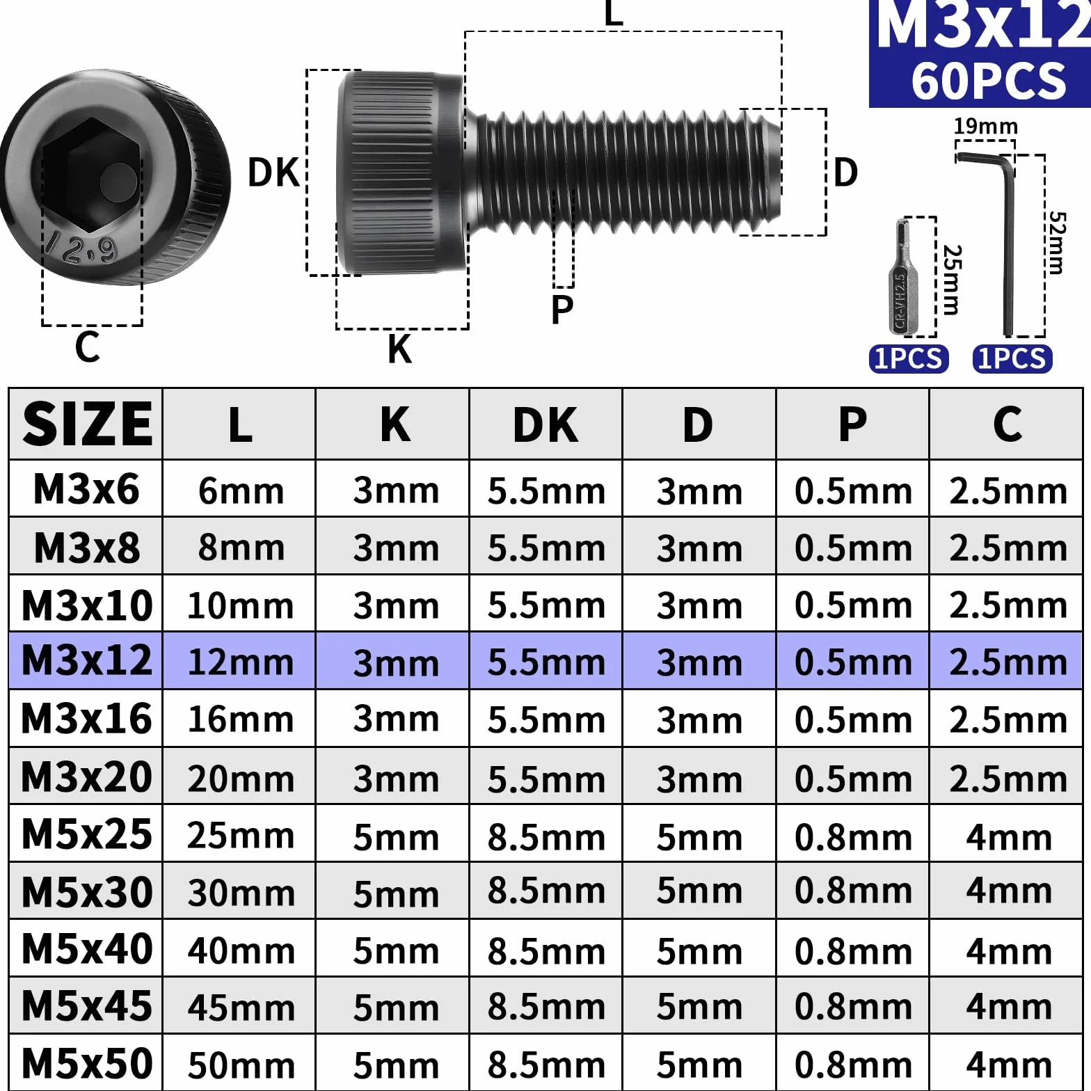 Śruby M3x12 mm, czarne, 60 sztuk, śruby cylindryczne M3, sześciokąt wewnętrzny DIN 912, śruby z łbem cylindrycznym, stal węglowa, śruby sześciokątne, pełny gwint, śruby imbusowe do maszyn