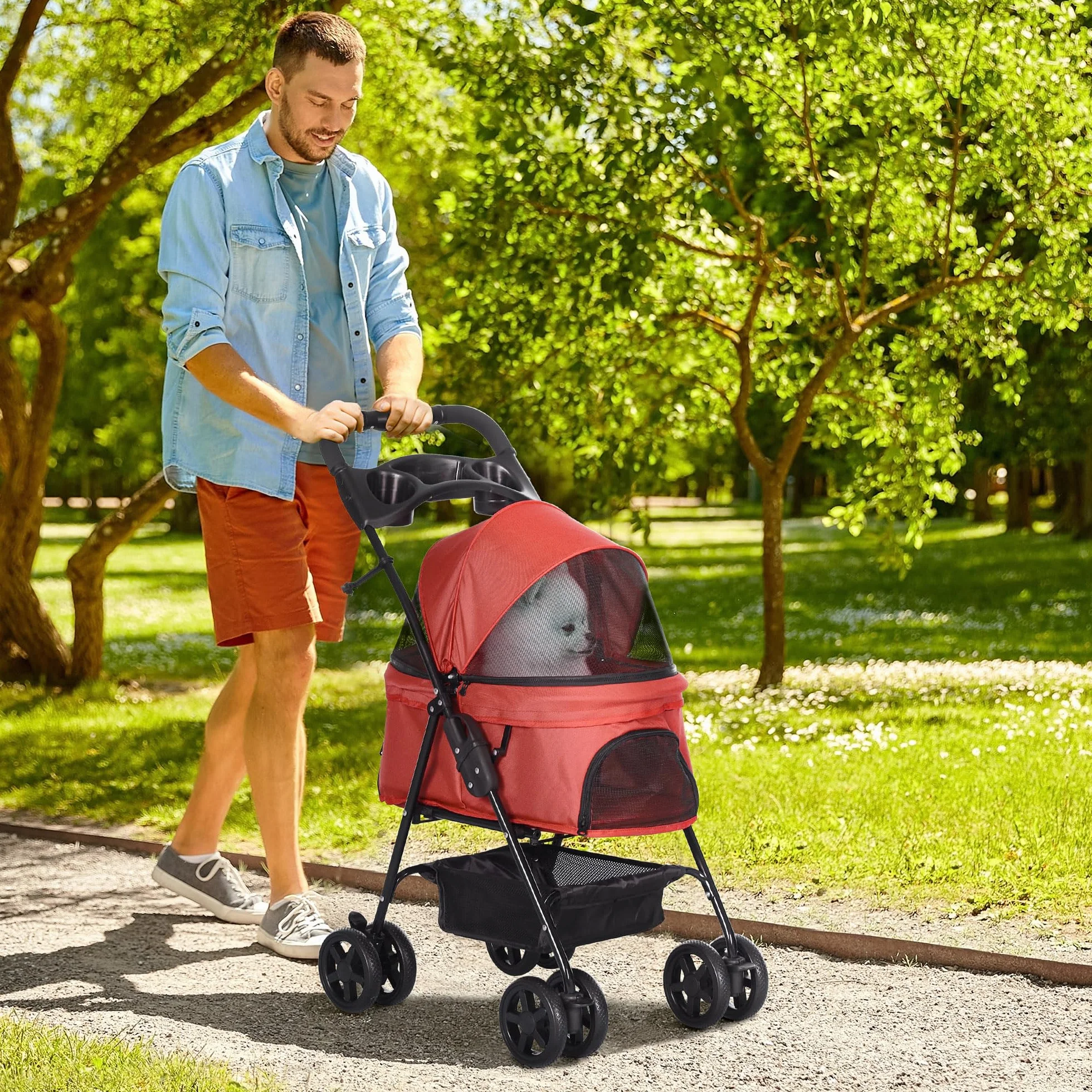 PawHut Składany wózek buggy dla psa i kota, kosz do przechowywania, uchwyt na kubki, tkanina 300D Oxford, wodoodporny, 4 koła, czerwony