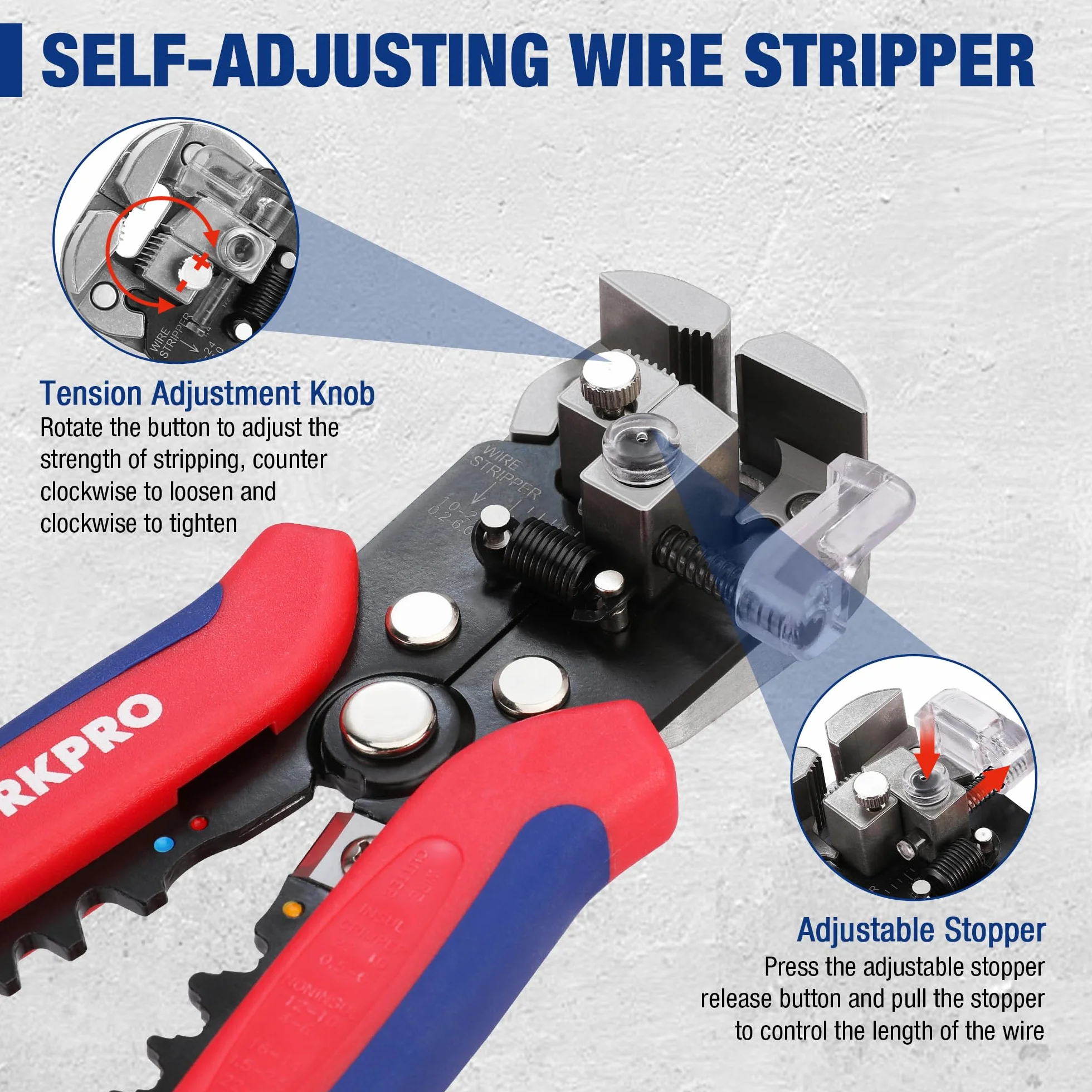 WORKPRO Pince à Dénuder Automatique 200mm 3 en 1 AWG 24-10 (0,2~6,0mm²)